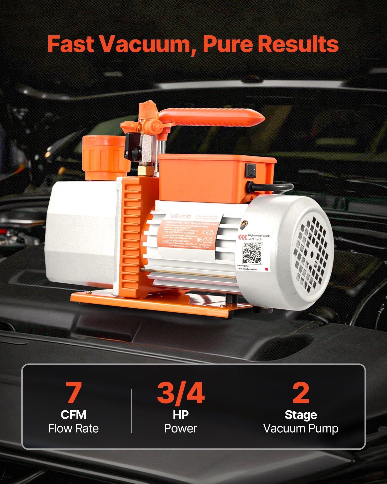 VEVOR Vacuum Pump, 7 CFM 198 L/min, HVAC Two Stage Rotary Vane AC Vacuum Pump, for R134a R22 R410a R1234YF R32, 4 Pole Motor, for Automotive Air Conditioner Maintenance Resin Degassing, Oil Included