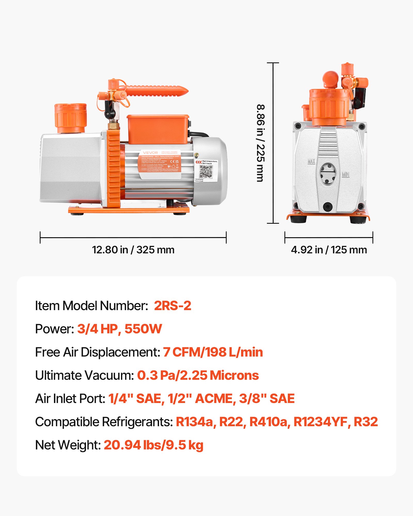 VEVOR Vacuum Pump, 7 CFM 198 L/min, HVAC Two Stage Rotary Vane AC Vacuum Pump, for R134a R22 R410a R1234YF R32, 4 Pole Motor, for Automotive Air Conditioner Maintenance Resin Degassing, Oil Included