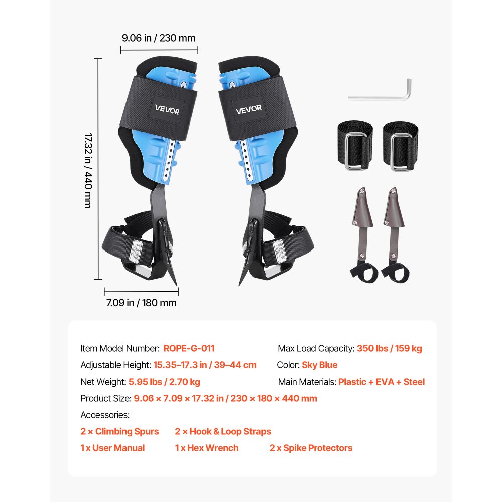 VEVOR Tree Climbing Spikes, Height-Adjustable Tree Climbing Gear with Straps & Padding Cushion, 159 kg Load Capacity, Heavy Duty Steel Climb Spurs Arborist Equipment for Fruit Picking Hunting