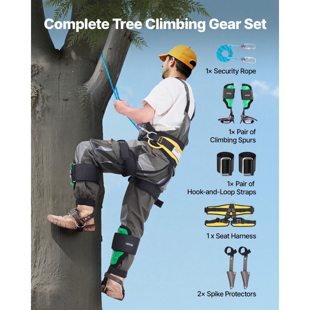 VEVOR Tree Climbing Spikes Set, Height-Adjustable Tree Climbing Gear with Straps & Spike Protectors, 159 kg Load Capacity, Heavy Duty Steel Climb Spurs Arborist Equipment for Fruit Picking Hunting