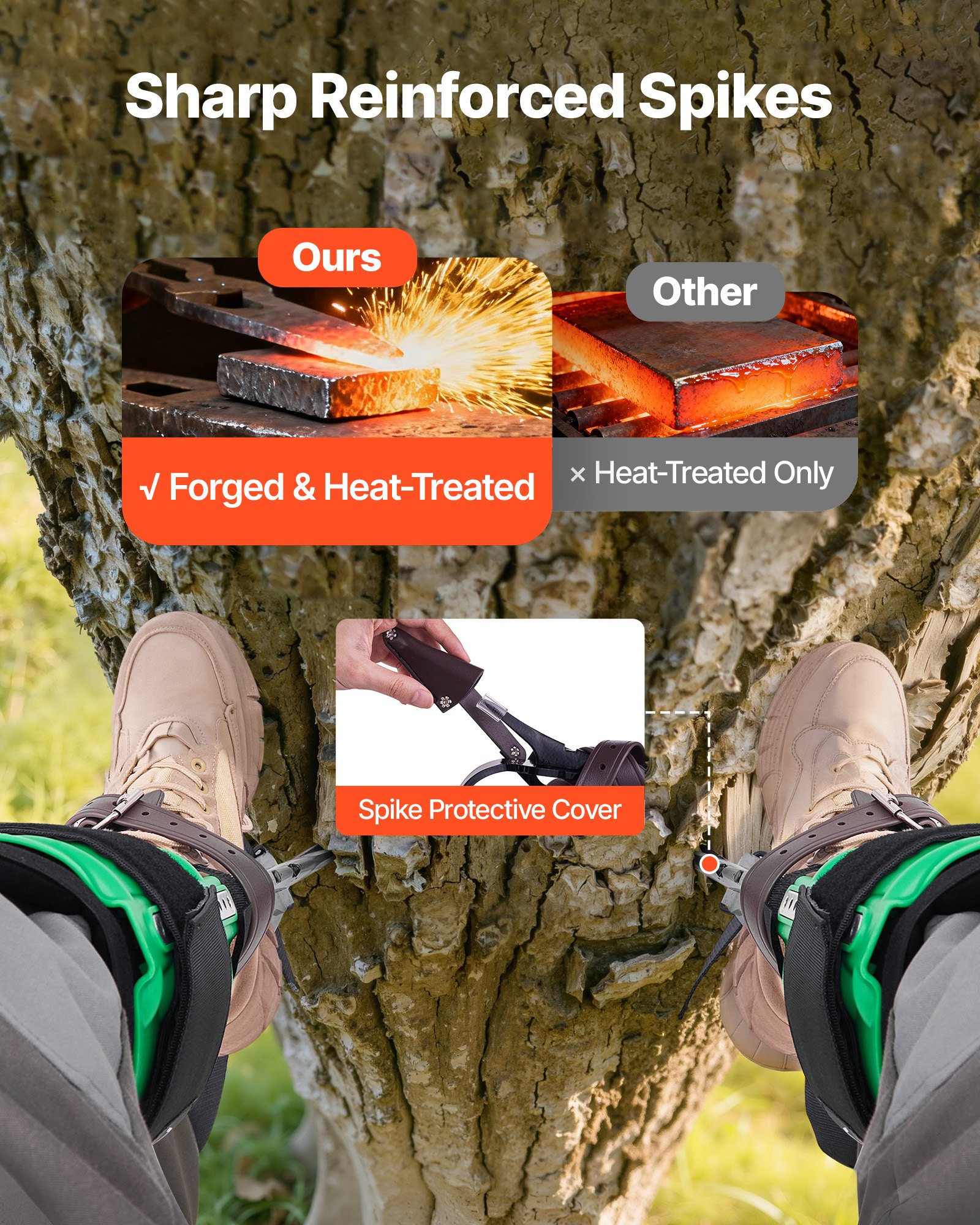 VEVOR Tree Climbing Spikes Set, Height-Adjustable Tree Climbing Gear with Straps & Spike Protectors, 159 kg Load Capacity, Heavy Duty Steel Climb Spurs Arborist Equipment for Fruit Picking Hunting