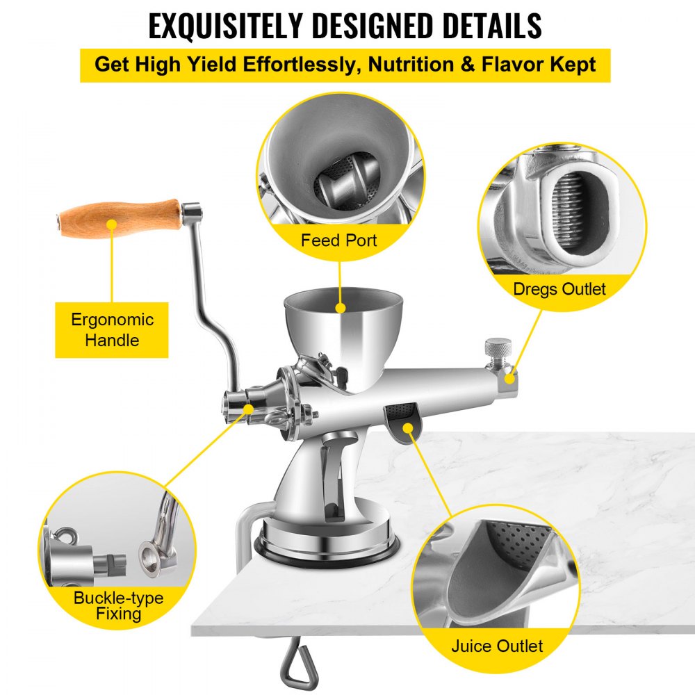 VEVOR Manual Wheatgrass Juicer Stainless Steel Hand Crank Wheatgrass Juicer Hand Wheatgrass Grinder with Suction Cup Base & Table-top Clamp Manual Juicer Extractor for Ginger Celery Apple Grape