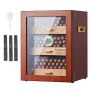 VEVOR cigar humidor with digital hygrometer, shelves of cigars, side handle, and moisture control packs.