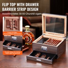 VEVOR 50 Cigar Humidor Glasstop Cedar Cigar Box Humidifier & Hygrometer & Drawer