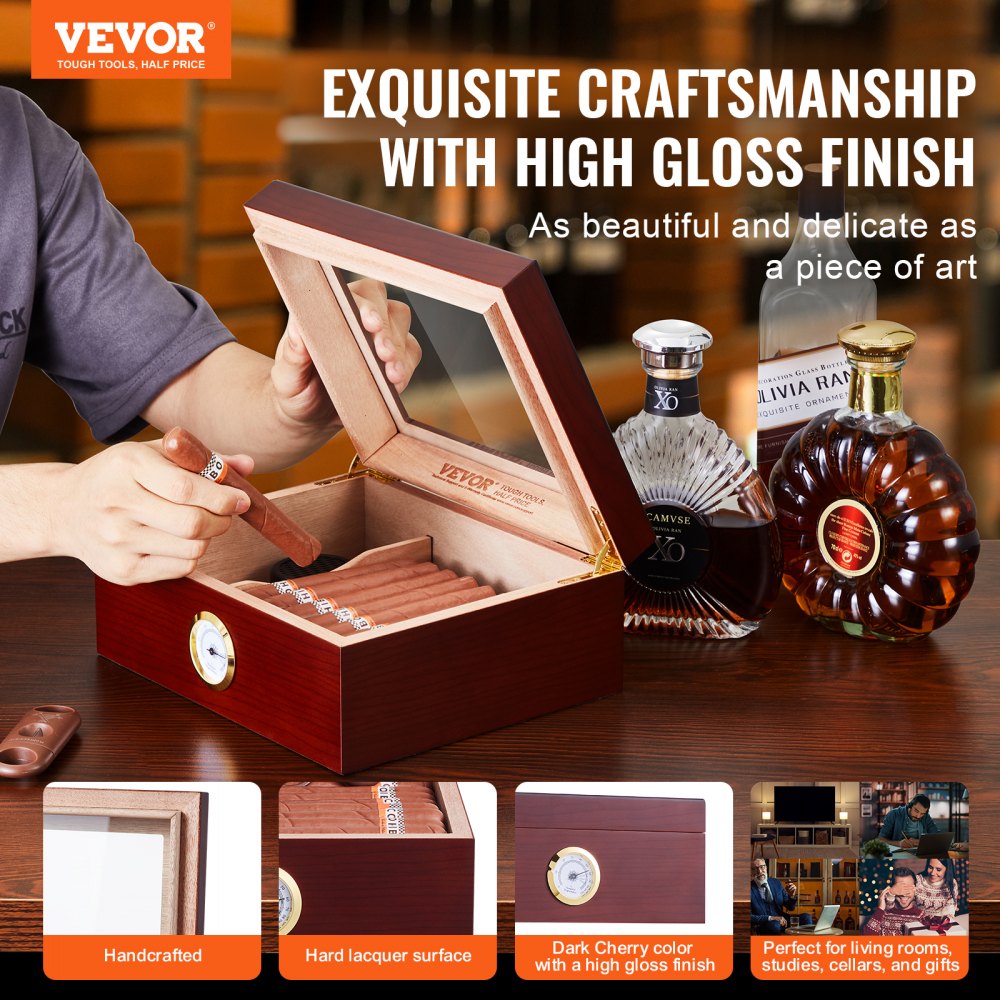 Humidor de puros VEVOR, caja humidificadora de puros con tapa de cristal, hecha a mano en madera de cedro español, estuche para puros con humidificador, higrómetro y divisor, capacidad para 30-50 puros, regalo ideal para hombres.