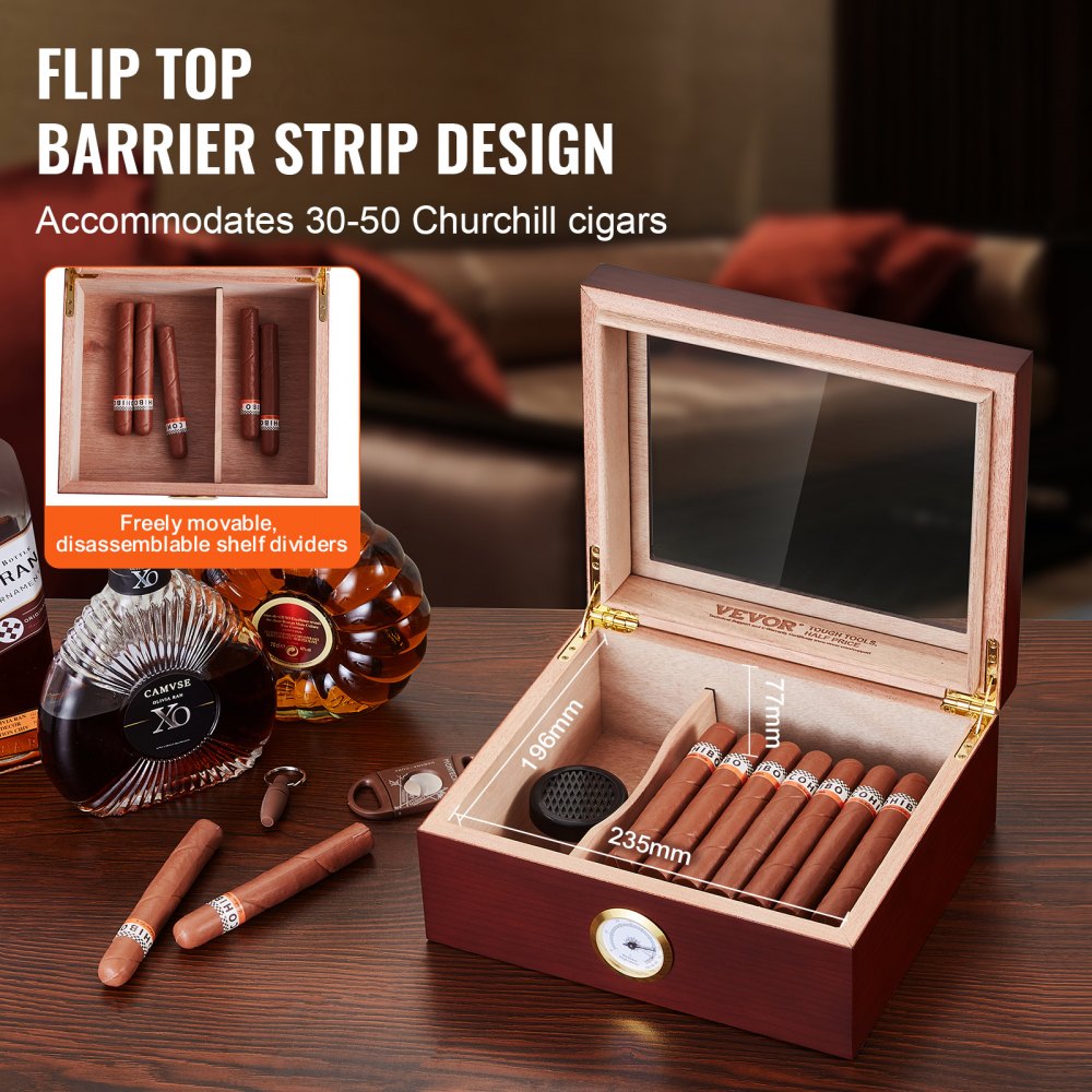 Humidor de puros VEVOR, caja humidificadora de puros con tapa de cristal, hecha a mano en madera de cedro español, estuche para puros con humidificador, higrómetro y divisor, capacidad para 30-50 puros, regalo ideal para hombres.