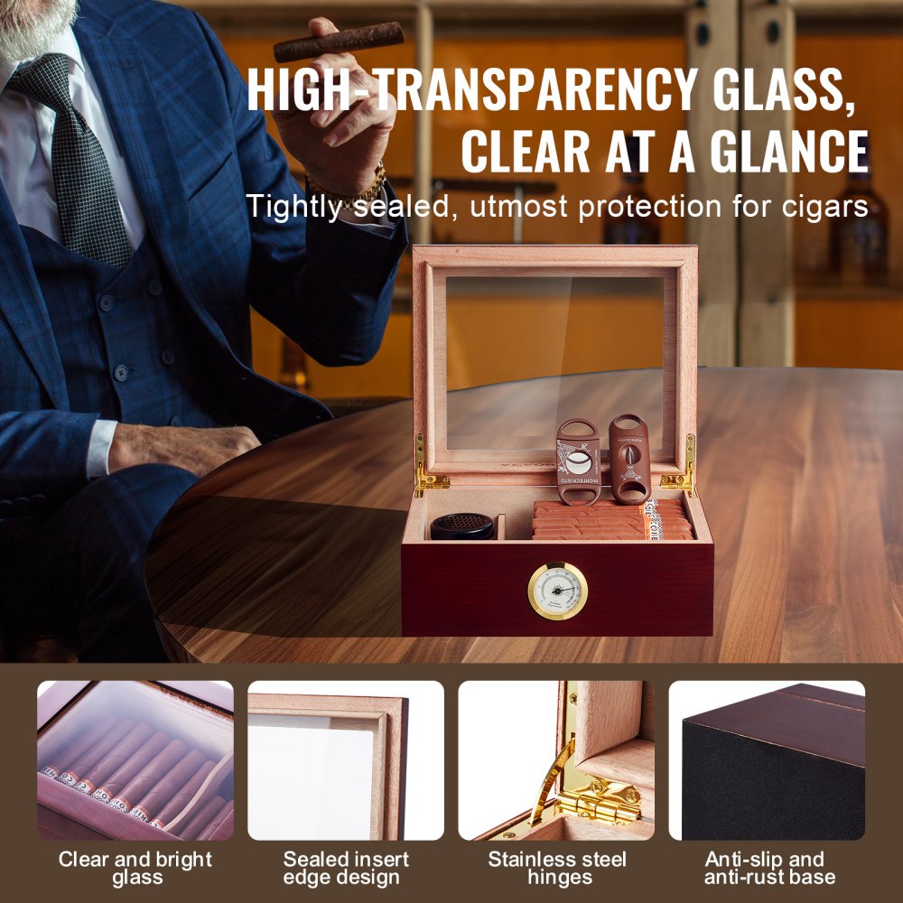 Humidor de puros VEVOR, caja humidificadora de puros con tapa de cristal, hecha a mano en madera de cedro español, estuche para puros con humidificador, higrómetro y divisor, capacidad para 30-50 puros, regalo ideal para hombres.