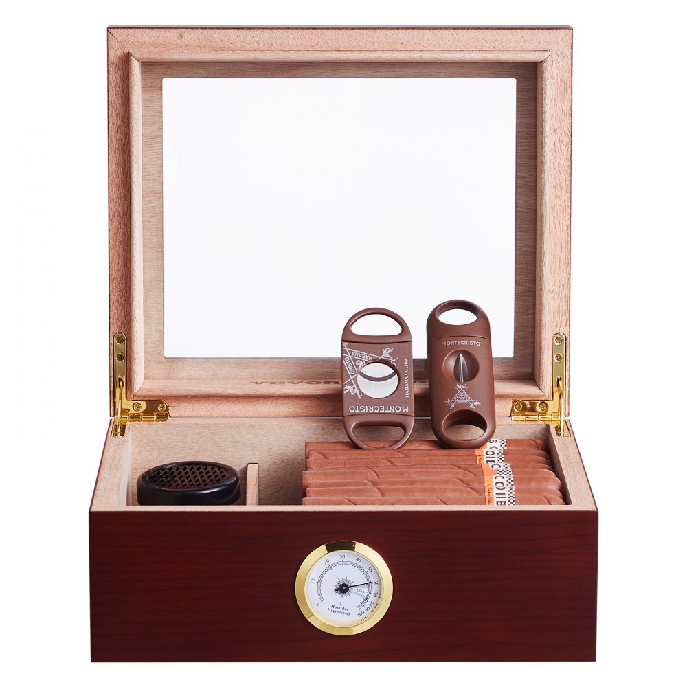 Humidor de puros VEVOR, caja humidificadora de puros con tapa de cristal, hecha a mano en madera de cedro español, estuche para puros con humidificador, higrómetro y divisor, capacidad para 30-50 puros, regalo ideal para hombres.