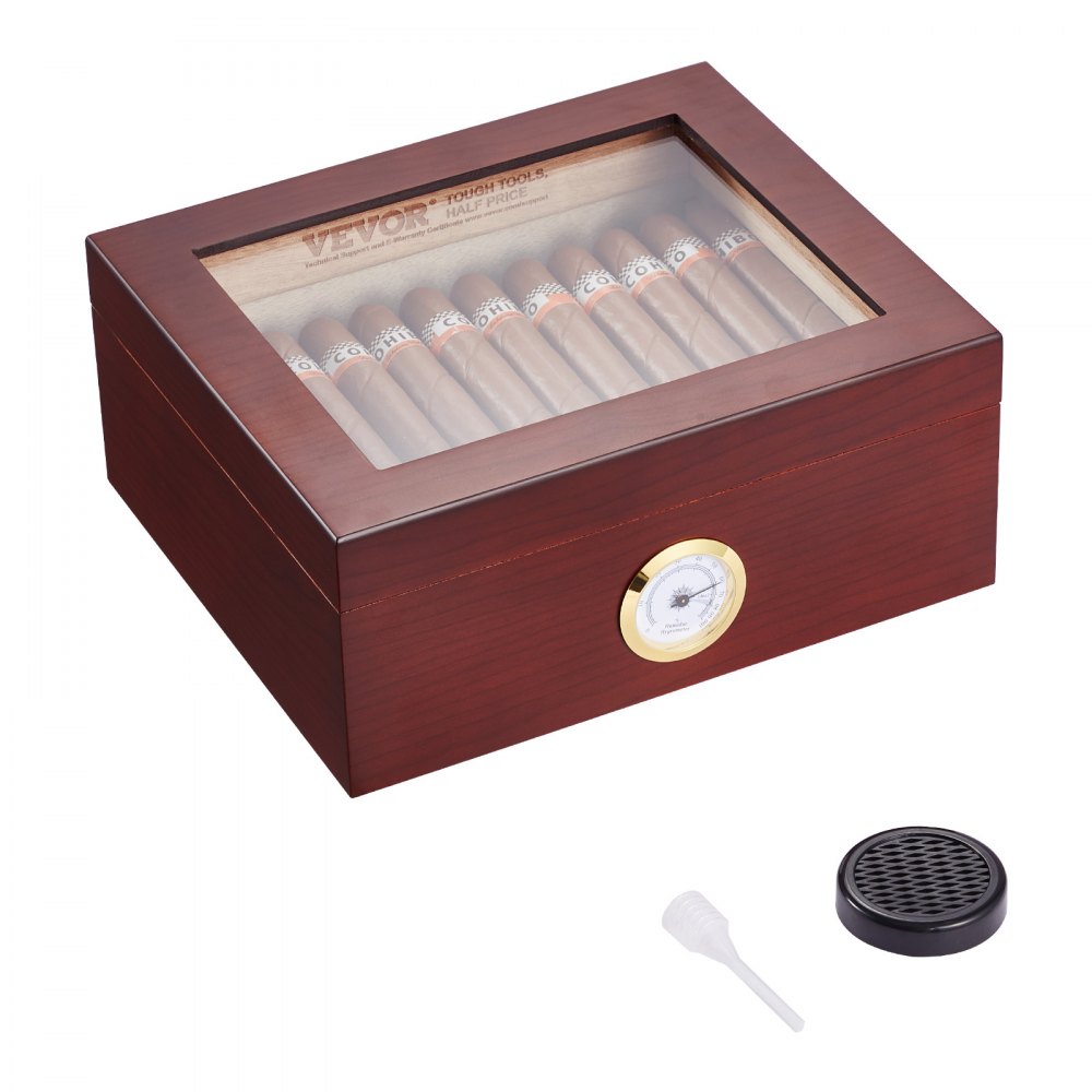 Humidor de puros VEVOR, caja humidificadora de puros con tapa de cristal, hecha a mano en madera de cedro español, estuche para puros con humidificador, higrómetro y divisor, capacidad para 30-50 puros, regalo ideal para hombres.