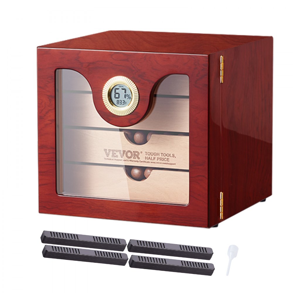 VEVOR cigar humidor with digital hygrometer, wooden drawers, and multiple humidifiers.