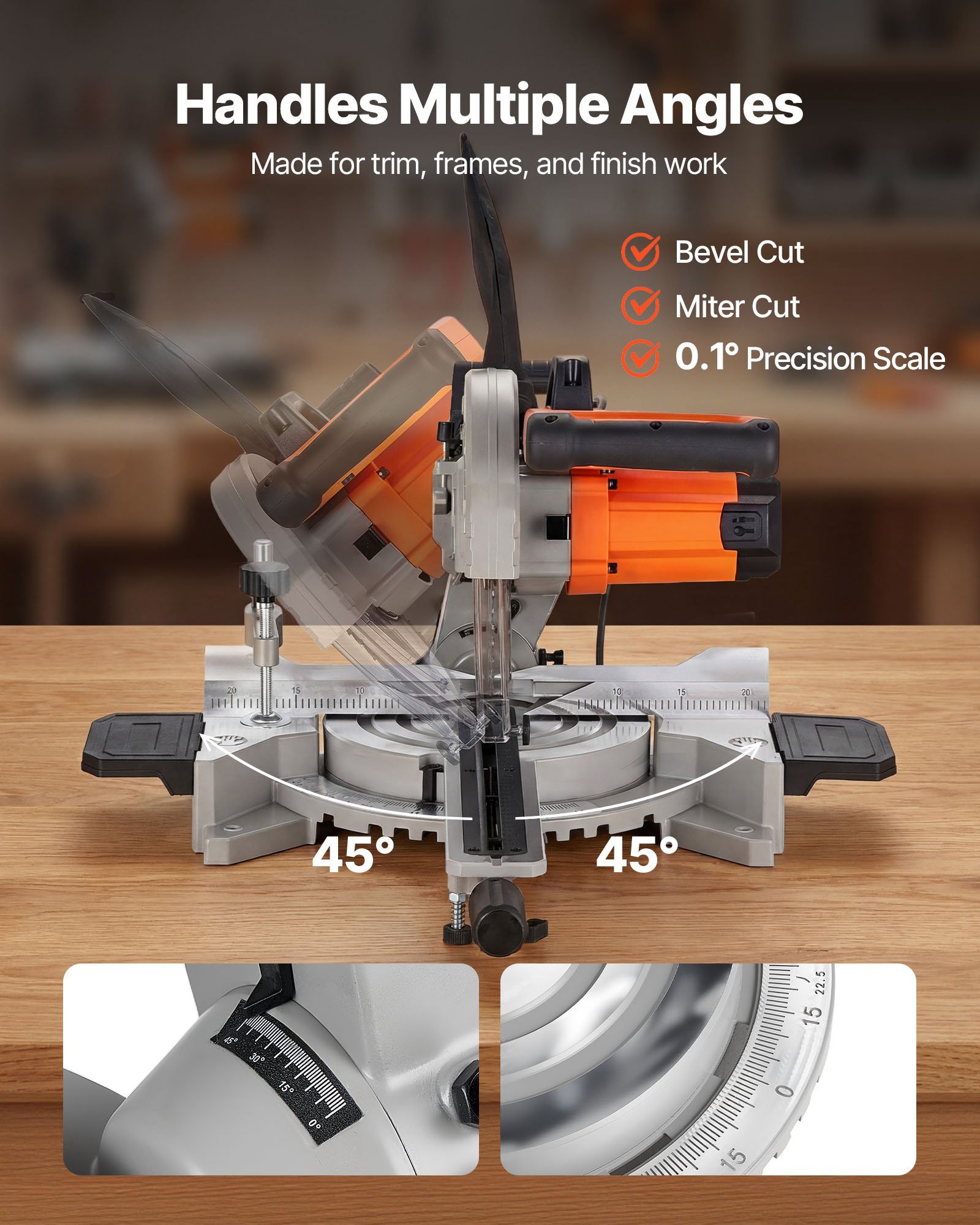 VEVOR Sliding Compound Miter Saw, 254 mm Blade, 1800W High Power, Bevel and Miter Cut, Adjustable Angles and Cutting Depth, Cast Aluminum Base, Compact Portable for Cutting Wood, Metals, Laminates