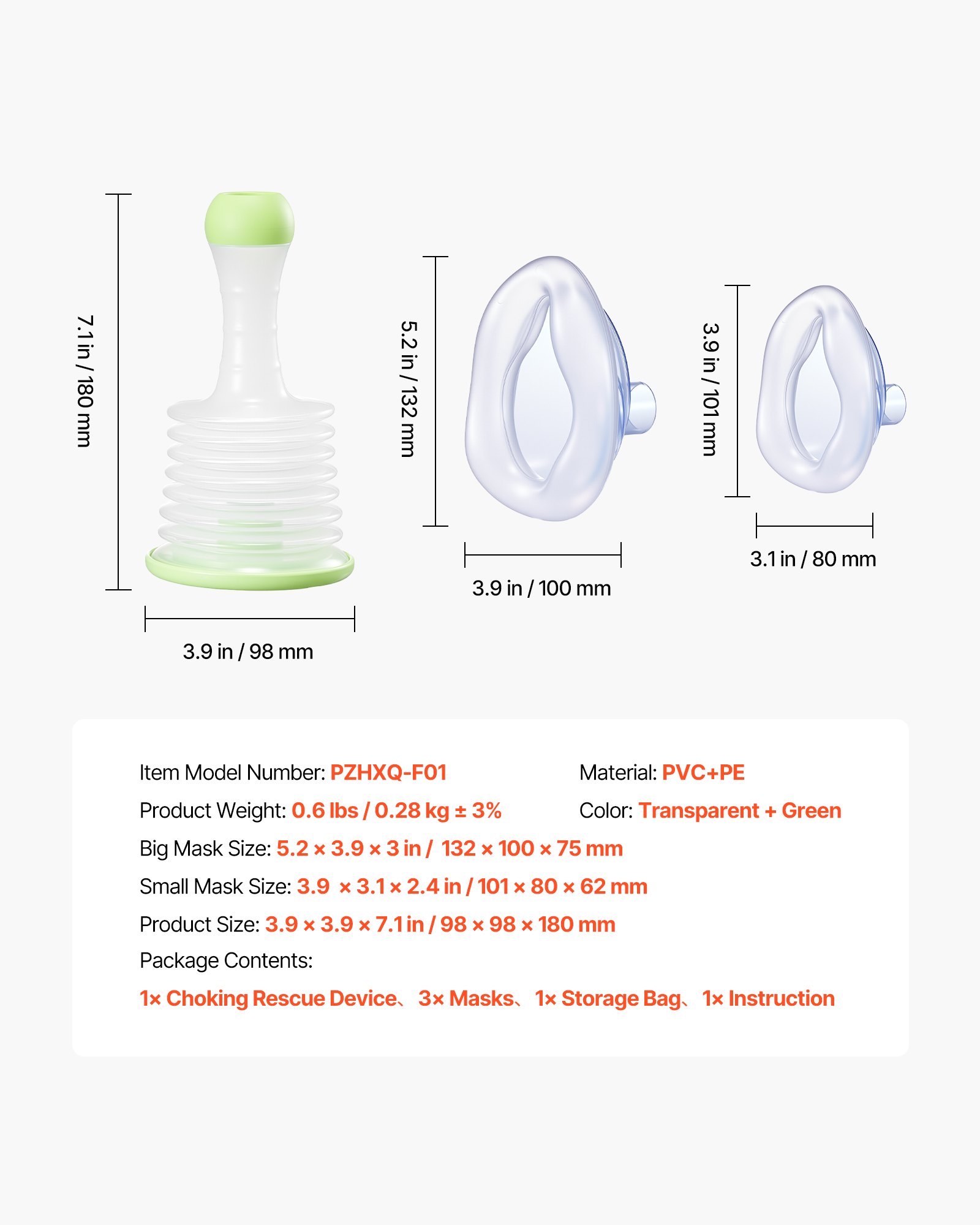 VEVOR Choking Rescue Device, Portable Airway Clear Anti Choking Suction Device with 3 Multi-size Masks and 1 Storage Bag, First Aid Kit for Removing Blocked Objects, for Home, School, Travel
