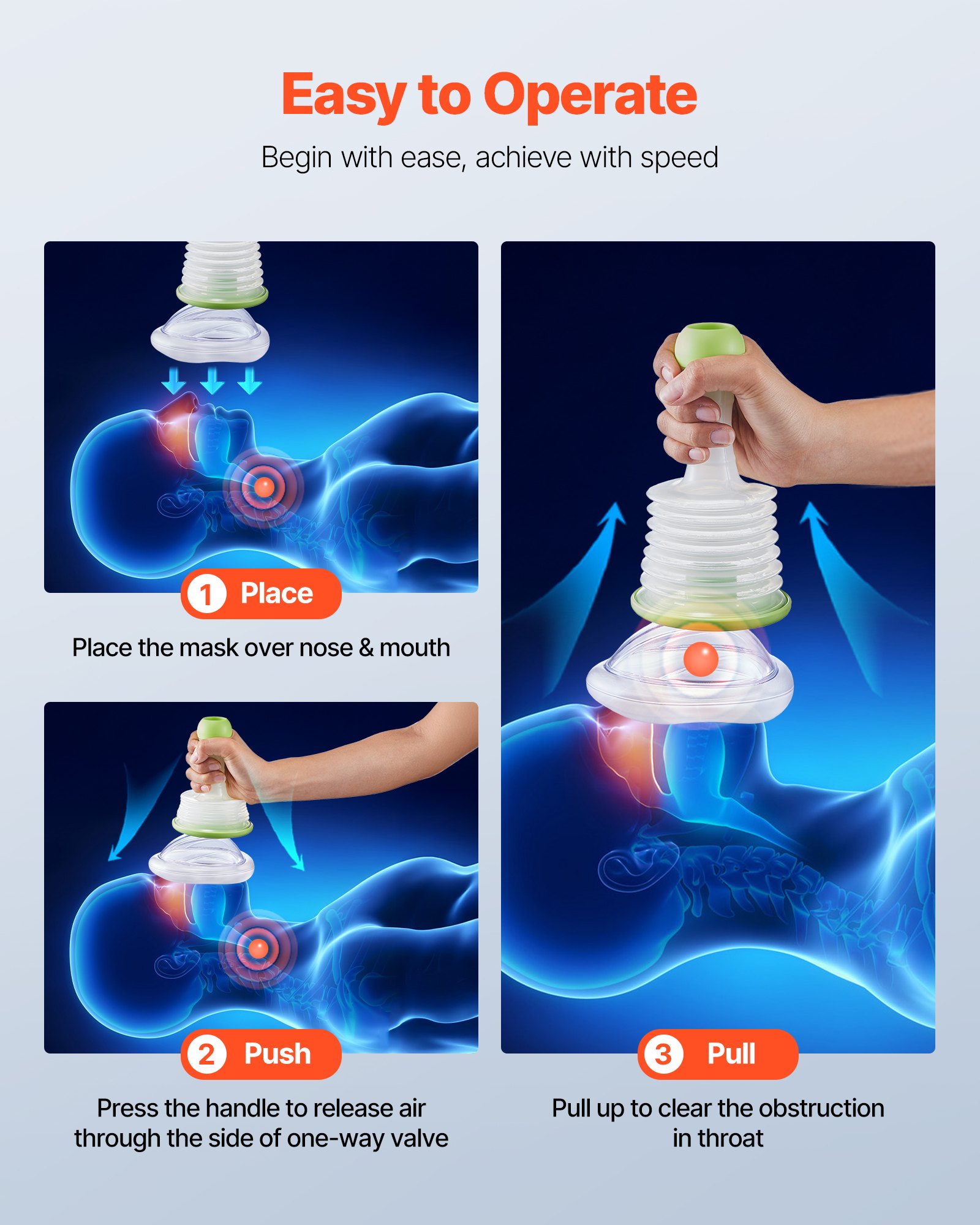 VEVOR Choking Rescue Device, Portable Airway Clear Anti Choking Suction Device with 5 Multi-size Masks and 1 Storage Bag, First Aid Kit for Removing Blocked Objects, for Home, School, Travel