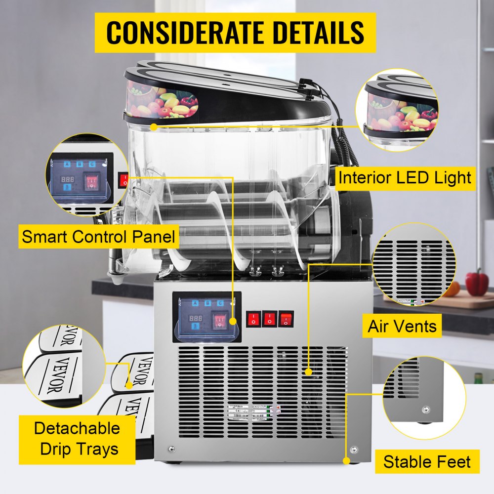 VEVOR 110V Commercial Slushy Machine 24L Double Bowl Frozen Drink 700W Stainless Steel Margarita Maker