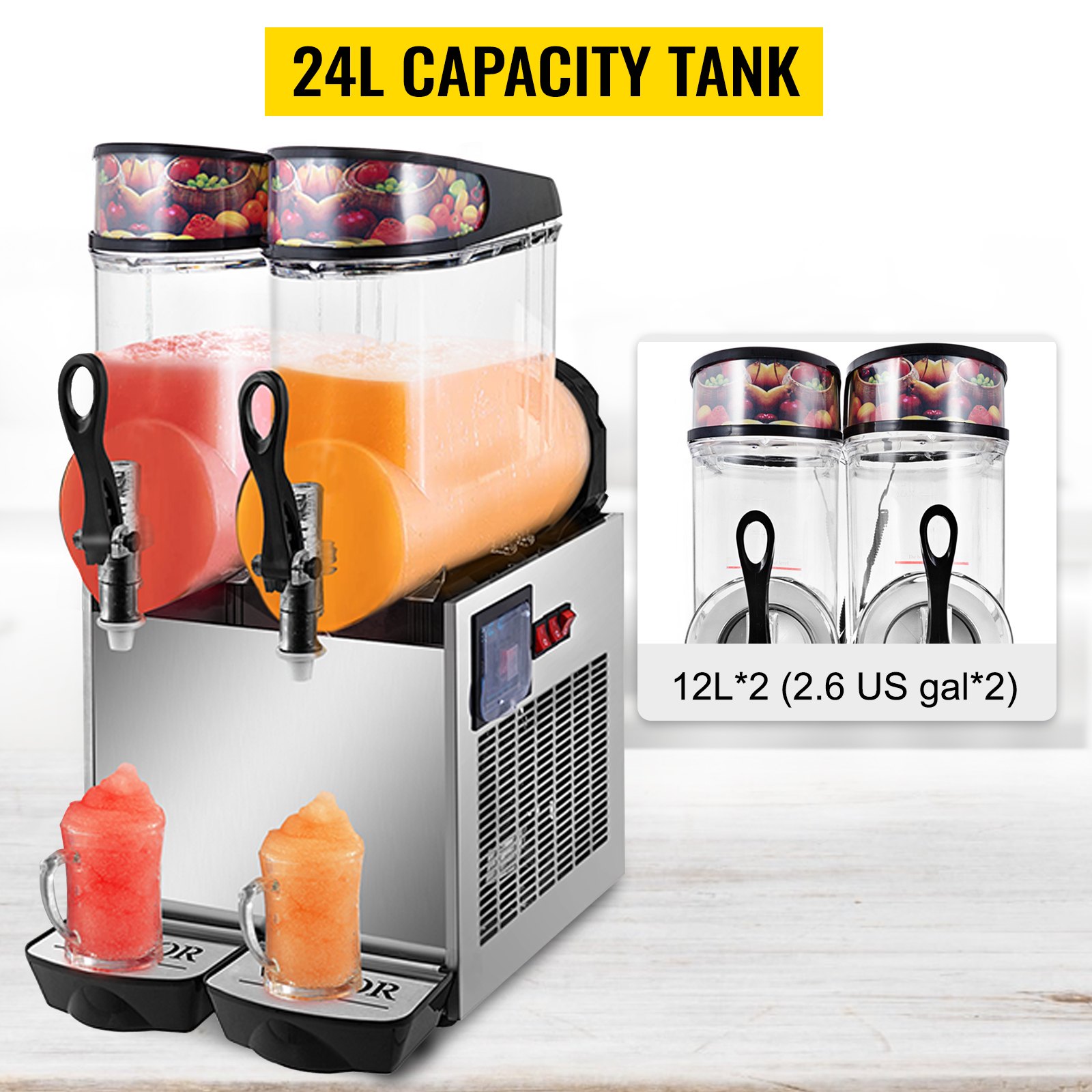 VEVOR 110V Commercial Slushy Machine 24L Double Bowl Frozen Drink 700W Stainless Steel Margarita Maker