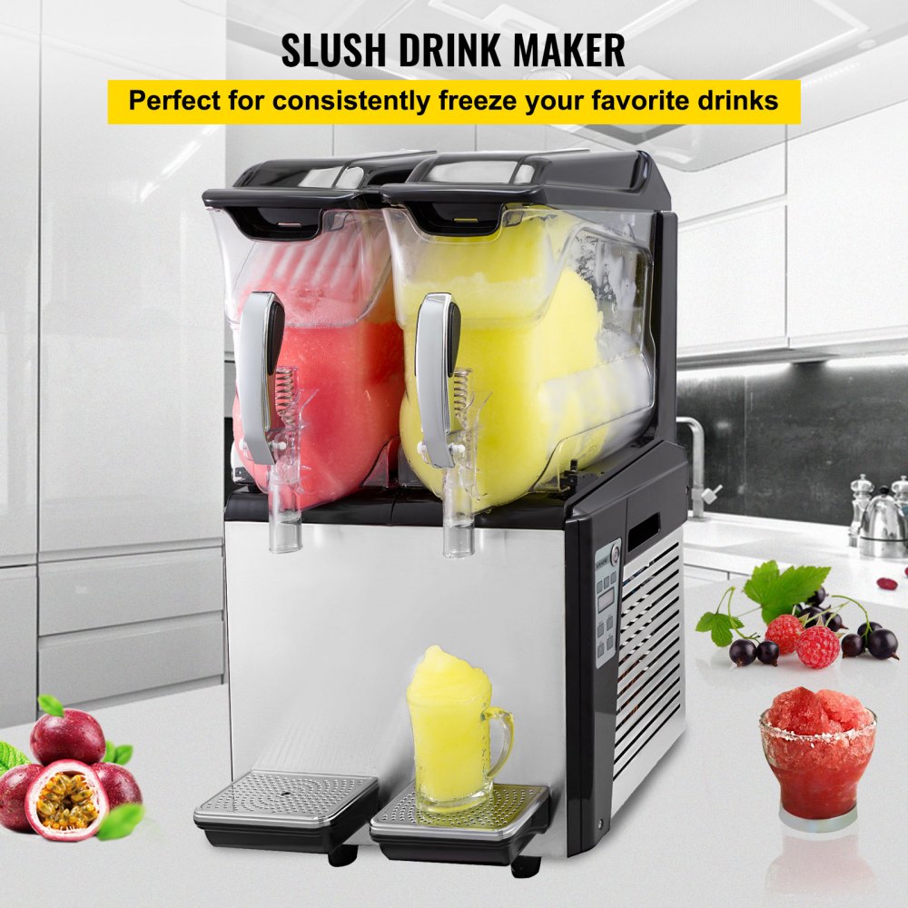 Máquina de granizados VEVOR de 110 V, 20 L, doble recipiente, para preparar margaritas congeladas, 900 W, limpieza automática, modos día y noche, para supermercados, cafeterías, restaurantes y bares, uso comercial.