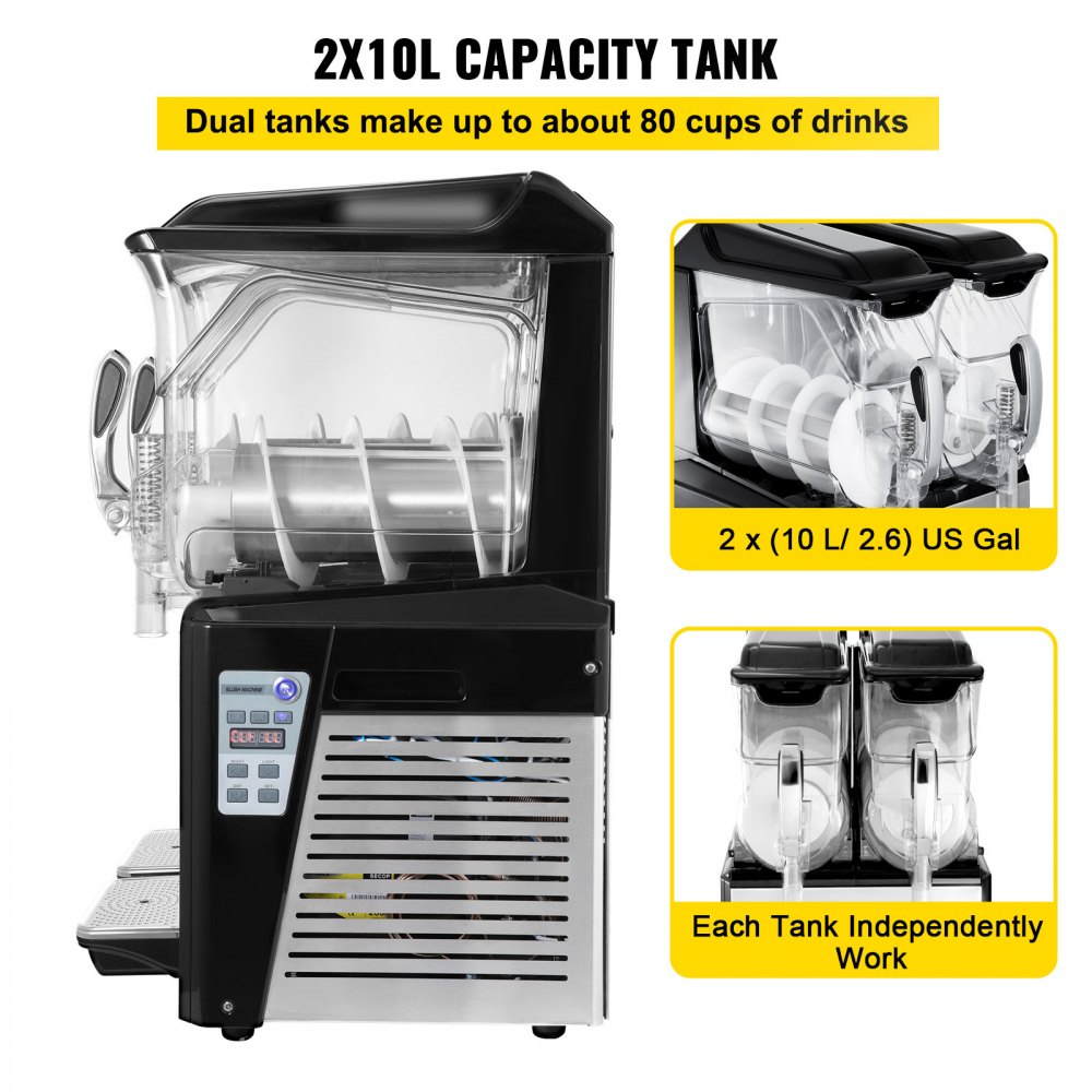 Máquina de granizados VEVOR de 110 V, 20 L, doble recipiente, para preparar margaritas congeladas, 900 W, limpieza automática, modos día y noche, para supermercados, cafeterías, restaurantes y bares, uso comercial.