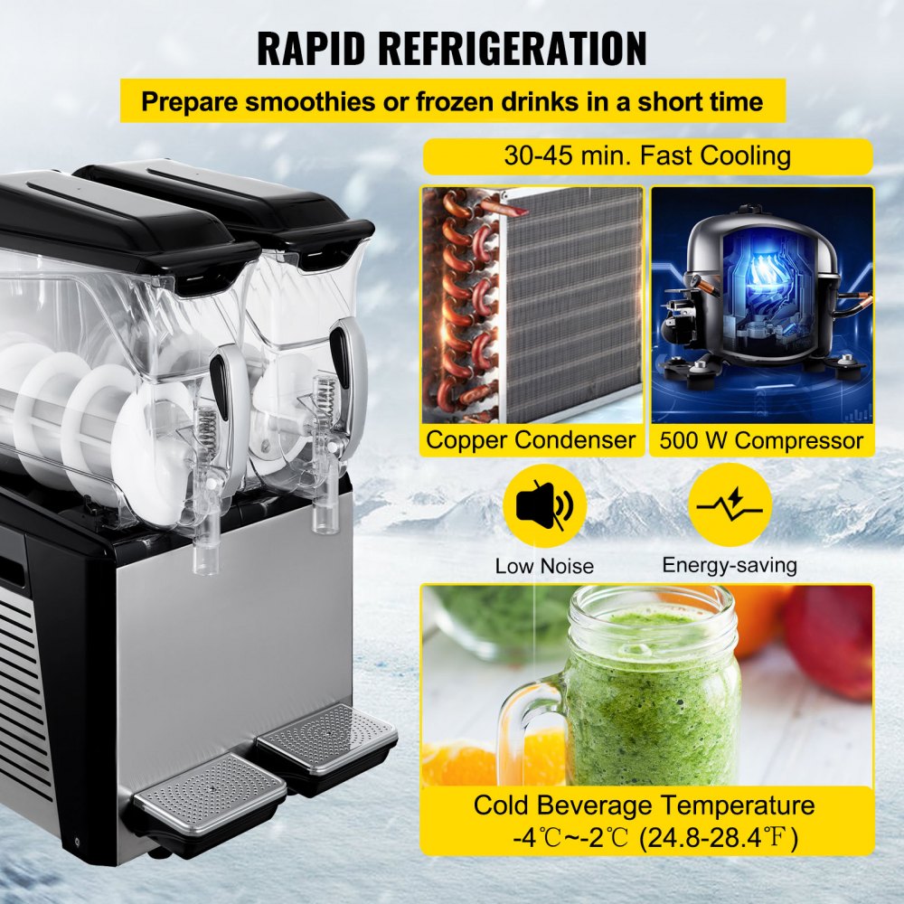 Máquina de granizados VEVOR de 110 V, 20 L, doble recipiente, para preparar margaritas congeladas, 900 W, limpieza automática, modos día y noche, para supermercados, cafeterías, restaurantes y bares, uso comercial.