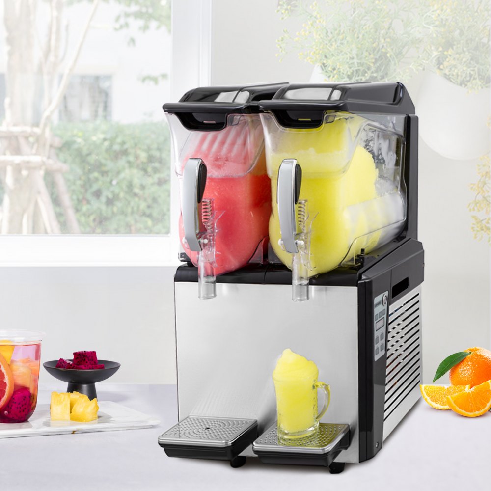 Máquina de granizados VEVOR de 110 V, 20 L, doble recipiente, para preparar margaritas congeladas, 900 W, limpieza automática, modos día y noche, para supermercados, cafeterías, restaurantes y bares, uso comercial.