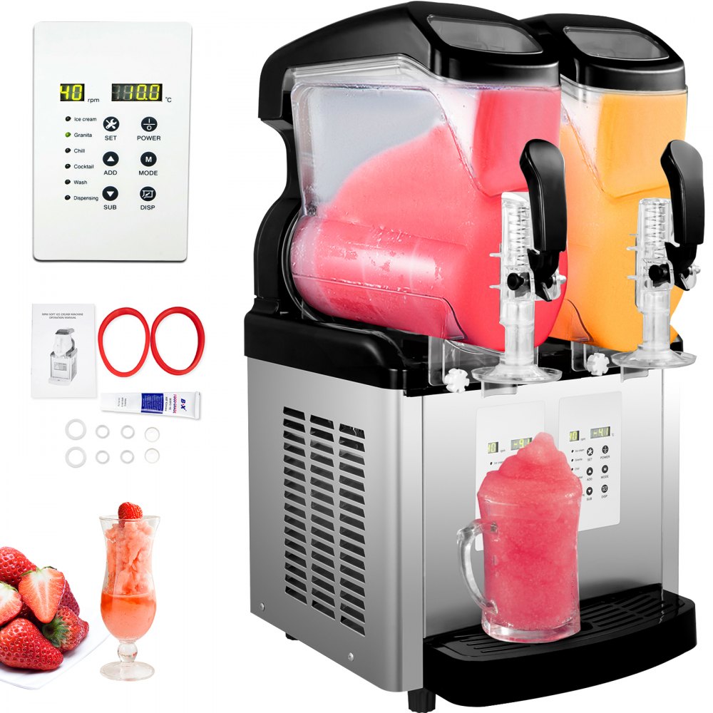 VEVOR 110V 2 in 1 Commercial Slushy Machine 2x6L Temperature -10℃ to 5℃ Soft Ice Cream Maker 1300W LED Display Automatic Clean Preservation Function for Supermarkets Cafes Restaurants Snack Bar