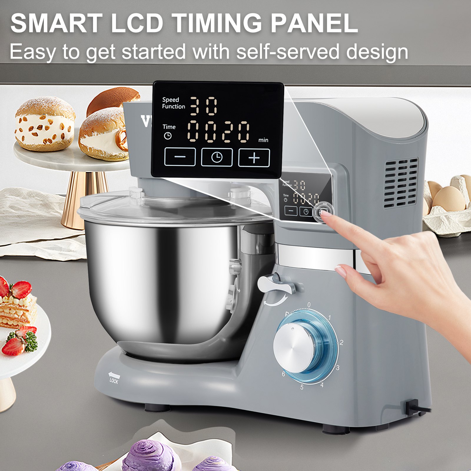 Stand Mixer, 660W Electric Dough Mixer with 6 Speeds LCD Screen Timing, Tilt-Head Food Mixer with 5.8 Qt Stainless Steel Bowl, Dough Hook, Flat Beater, Whisk, Scraper, Splash-Proof Cover - Gray Stand Mixer, 660W Electric Dough Mixer with 6 Speeds LCD Screen Timing, Tilt-Head Food Mixer with 5.8 Qt Stainless Steel Bowl, Dough Hook, Flat Beater, Whisk, Scraper, Splash-Proof Cover - Gray