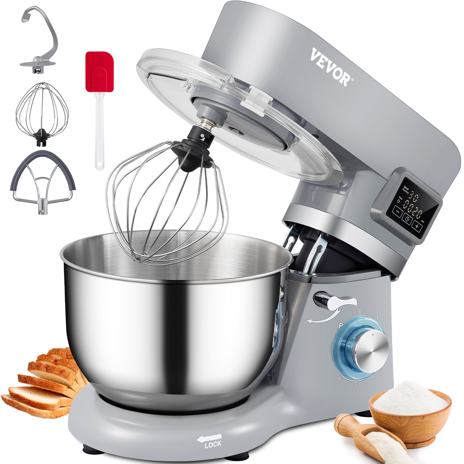 Stand Mixer, 660W Electric Dough Mixer with 6 Speeds LCD Screen Timing, Tilt-Head Food Mixer with 5.8 Qt Stainless Steel Bowl, Dough Hook, Flat Beater, Whisk, Scraper, Splash-Proof Cover - Gray Stand Mixer, 660W Electric Dough Mixer with 6 Speeds LCD Screen Timing, Tilt-Head Food Mixer with 5.8 Qt Stainless Steel Bowl, Dough Hook, Flat Beater, Whisk, Scraper, Splash-Proof Cover - Gray