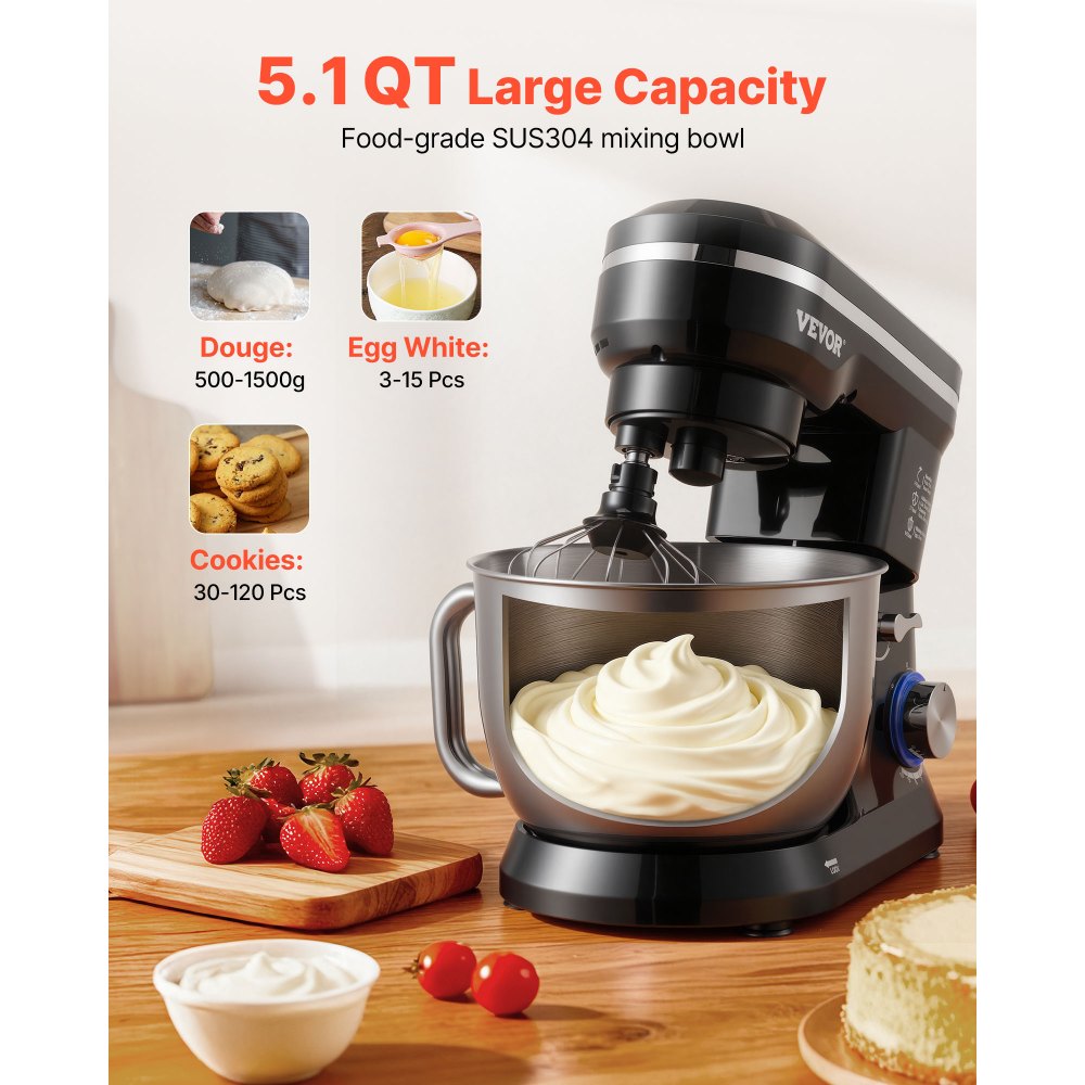 VEVOR Stand Mixer, 5QT Dough Mixer, 10+P Speeds Tilt-head Food Mixer, Kitchen Mixer with Stainless Steel Bowl, Dough Hook, Wire Whip, Beater, Scraper, Household Stand Mixer for Baking Mixing, Black