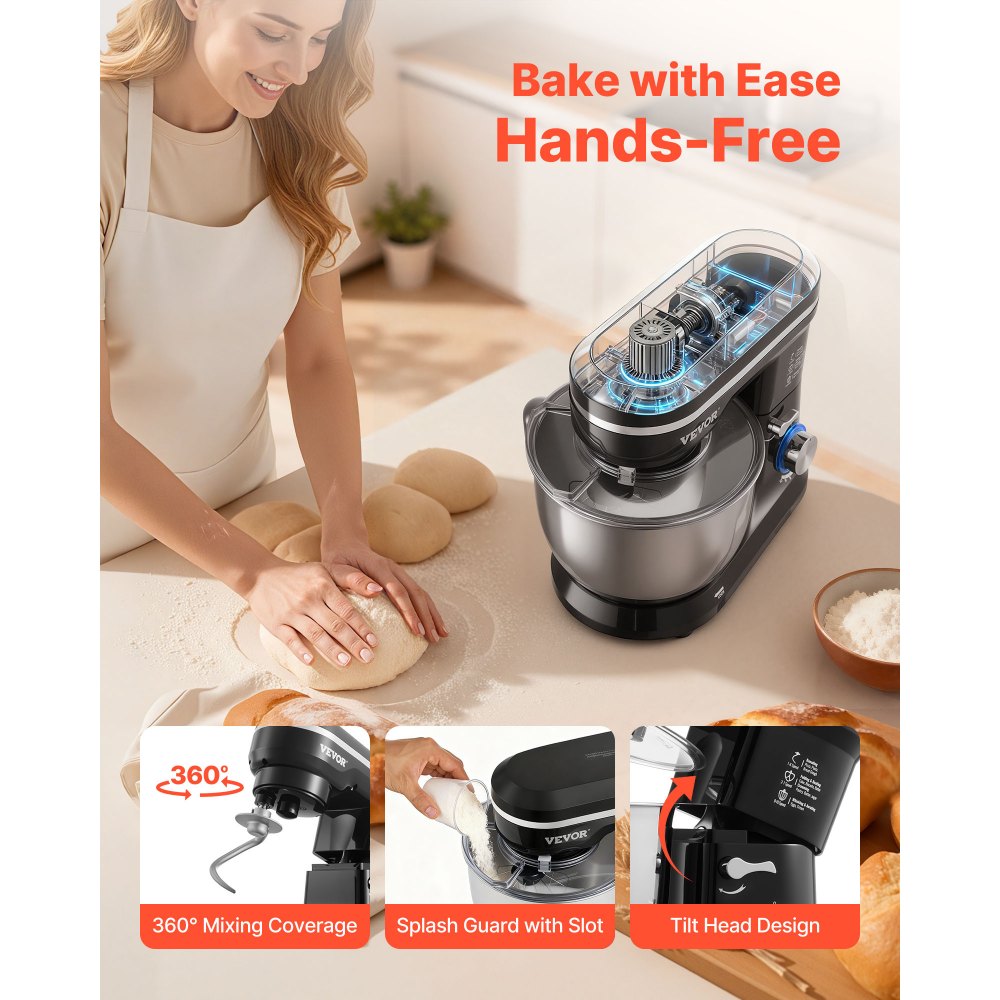 VEVOR Stand Mixer, 5QT Dough Mixer, 10+P Speeds Tilt-head Food Mixer, Kitchen Mixer with Stainless Steel Bowl, Dough Hook, Wire Whip, Beater, Scraper, Household Stand Mixer for Baking Mixing, Black
