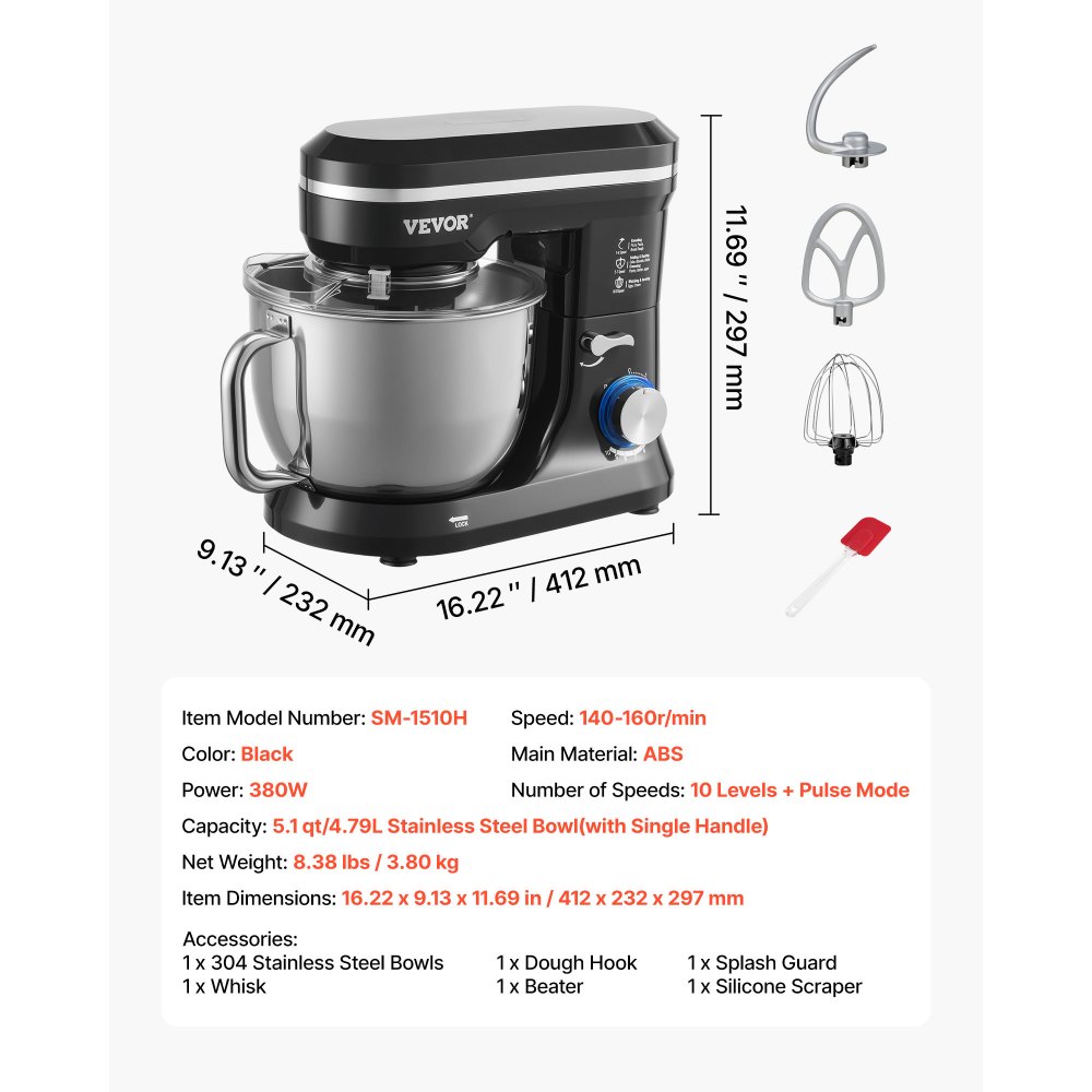 VEVOR Stand Mixer, 5QT Dough Mixer, 10+P Speeds Tilt-head Food Mixer, Kitchen Mixer with Stainless Steel Bowl, Dough Hook, Wire Whip, Beater, Scraper, Household Stand Mixer for Baking Mixing, Black