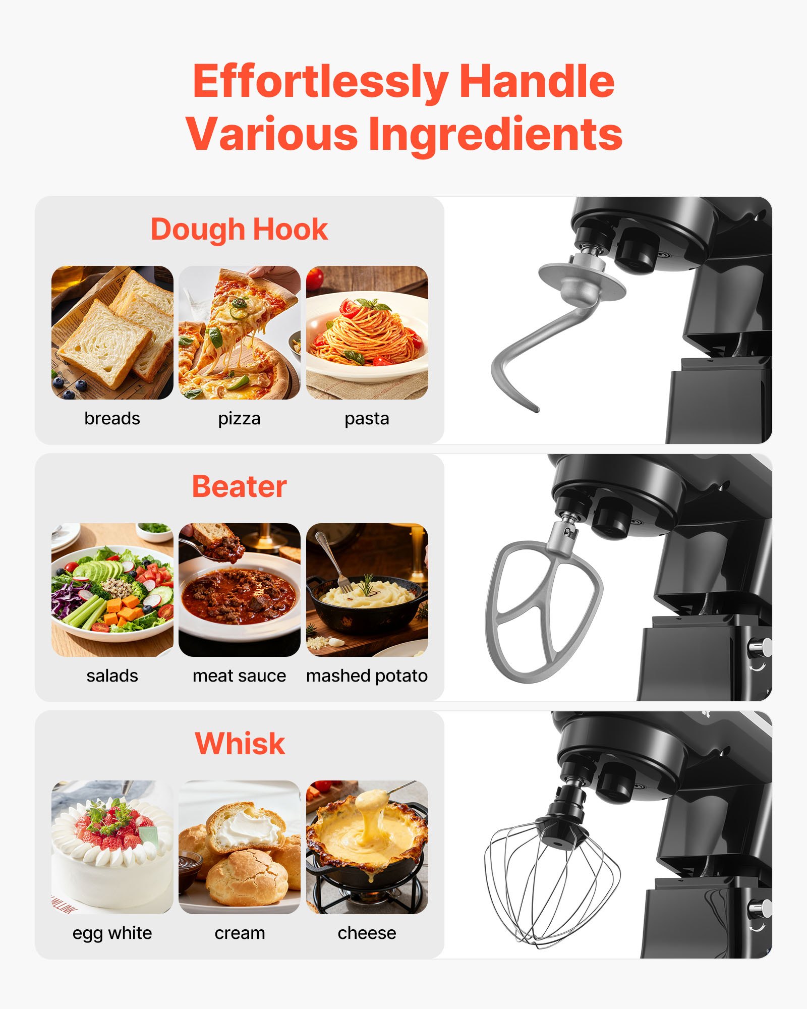 VEVOR Stand Mixer, 5QT Dough Mixer, 10+P Speeds Tilt-head Food Mixer, Kitchen Mixer with Stainless Steel Bowl, Dough Hook, Wire Whip, Beater, Scraper, Household Stand Mixer for Baking Mixing, Black