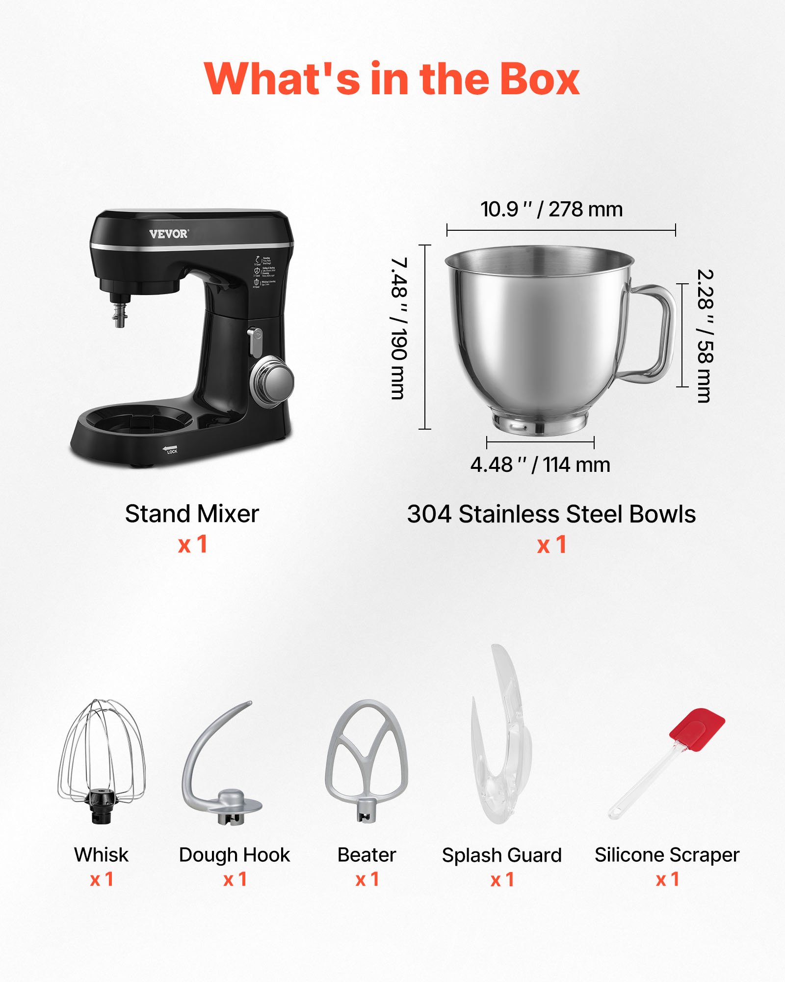 VEVOR Stand Mixer, 5QT Dough Mixer, 10+P Speeds Tilt-head Food Mixer, Kitchen Mixer with Stainless Steel Bowl, Dough Hook, Wire Whip, Beater, Scraper, Household Stand Mixer for Baking Mixing, Black