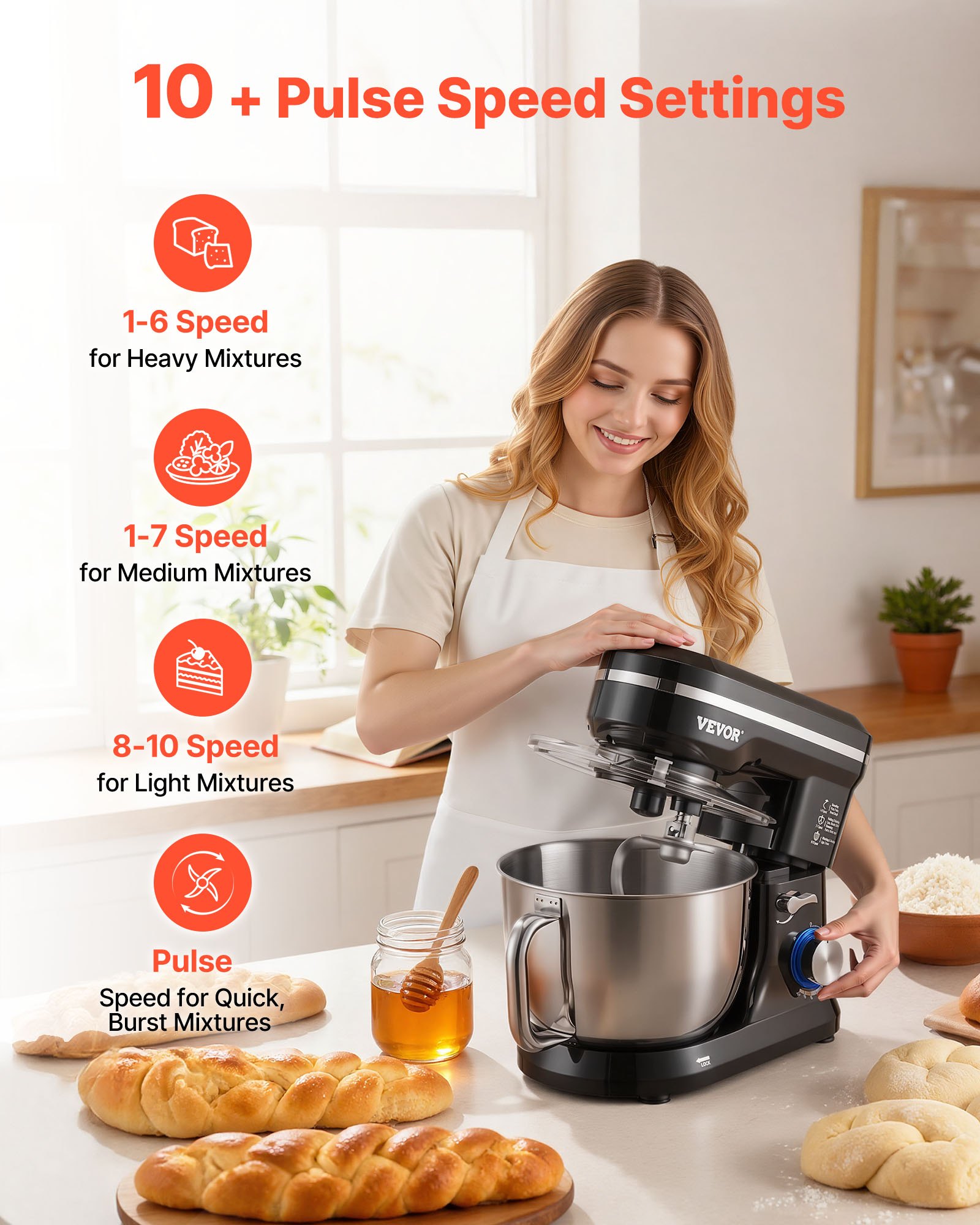 VEVOR Stand Mixer, 5QT Dough Mixer, 10+P Speeds Tilt-head Food Mixer, Kitchen Mixer with Stainless Steel Bowl, Dough Hook, Wire Whip, Beater, Scraper, Household Stand Mixer for Baking Mixing, Black