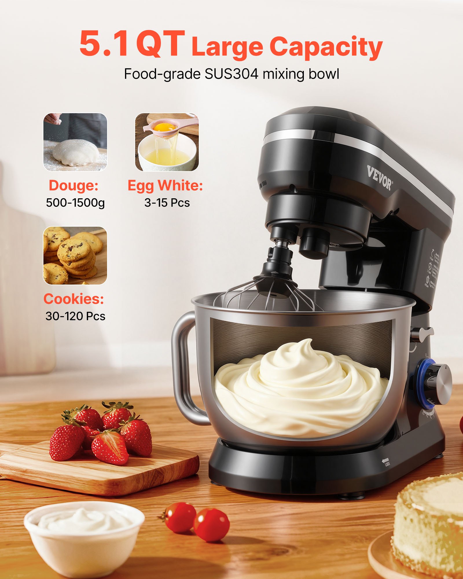 VEVOR Stand Mixer, 5QT Dough Mixer, 10+P Speeds Tilt-head Food Mixer, Kitchen Mixer with Stainless Steel Bowl, Dough Hook, Wire Whip, Beater, Scraper, Household Stand Mixer for Baking Mixing, Black