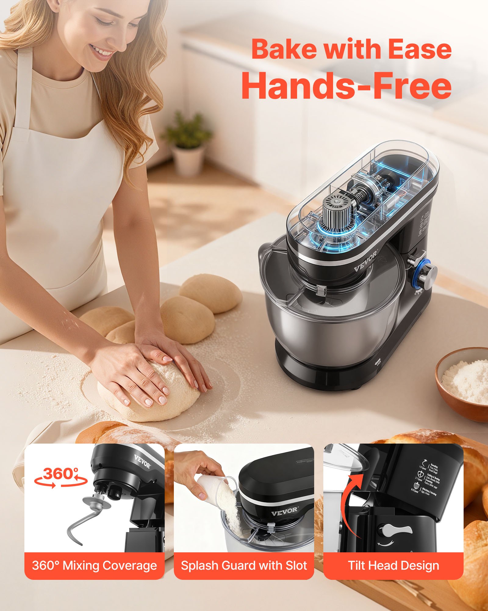 VEVOR Stand Mixer, 5QT Dough Mixer, 10+P Speeds Tilt-head Food Mixer, Kitchen Mixer with Stainless Steel Bowl, Dough Hook, Wire Whip, Beater, Scraper, Household Stand Mixer for Baking Mixing, Black