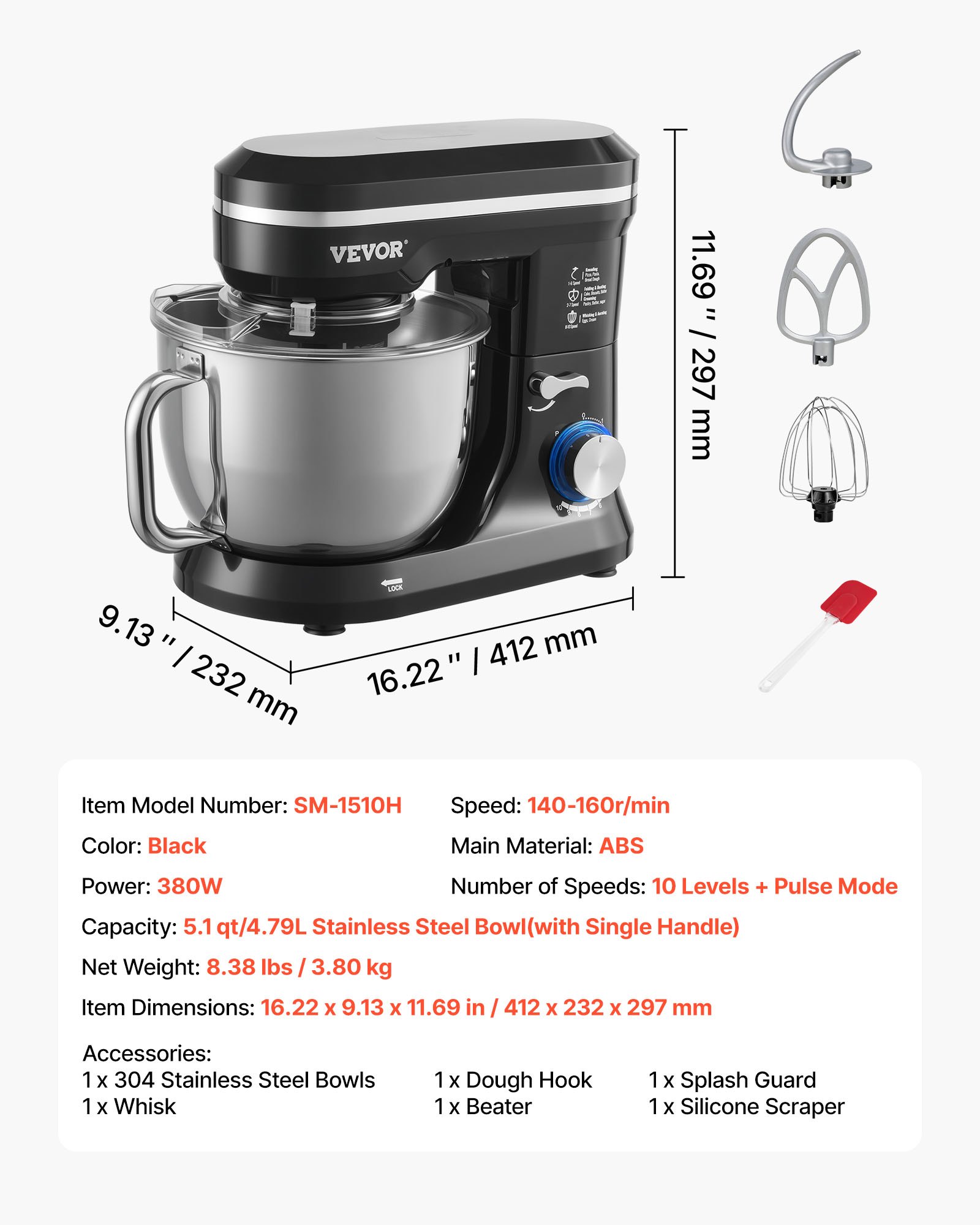 VEVOR Stand Mixer, 5QT Dough Mixer, 10+P Speeds Tilt-head Food Mixer, Kitchen Mixer with Stainless Steel Bowl, Dough Hook, Wire Whip, Beater, Scraper, Household Stand Mixer for Baking Mixing, Black