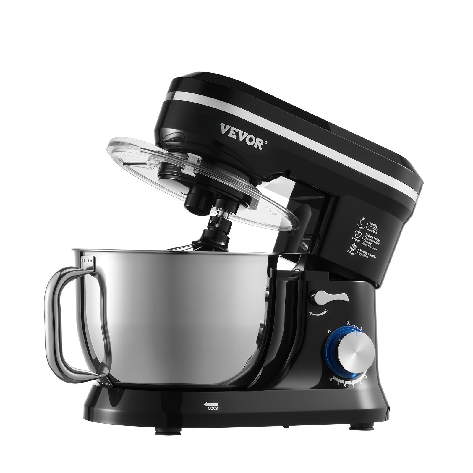 VEVOR Stand Mixer, 5QT Dough Mixer, 10+P Speeds Tilt-head Food Mixer, Kitchen Mixer with Stainless Steel Bowl, Dough Hook, Wire Whip, Beater, Scraper, Household Stand Mixer for Baking Mixing, Black