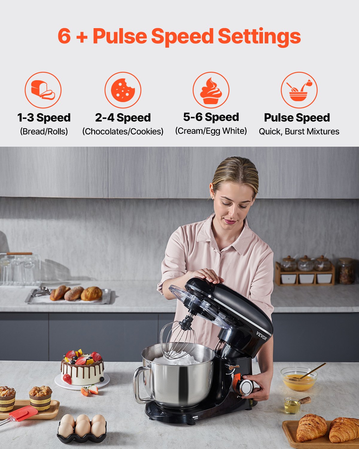 Stand Mixer 6 QT Electric Dough Mixer 660W 6 + P Speeds Kitchen Food Beater Stand Mixer 6 QT Electric Dough Mixer 660W 6 + P Speeds Kitchen Food Beater