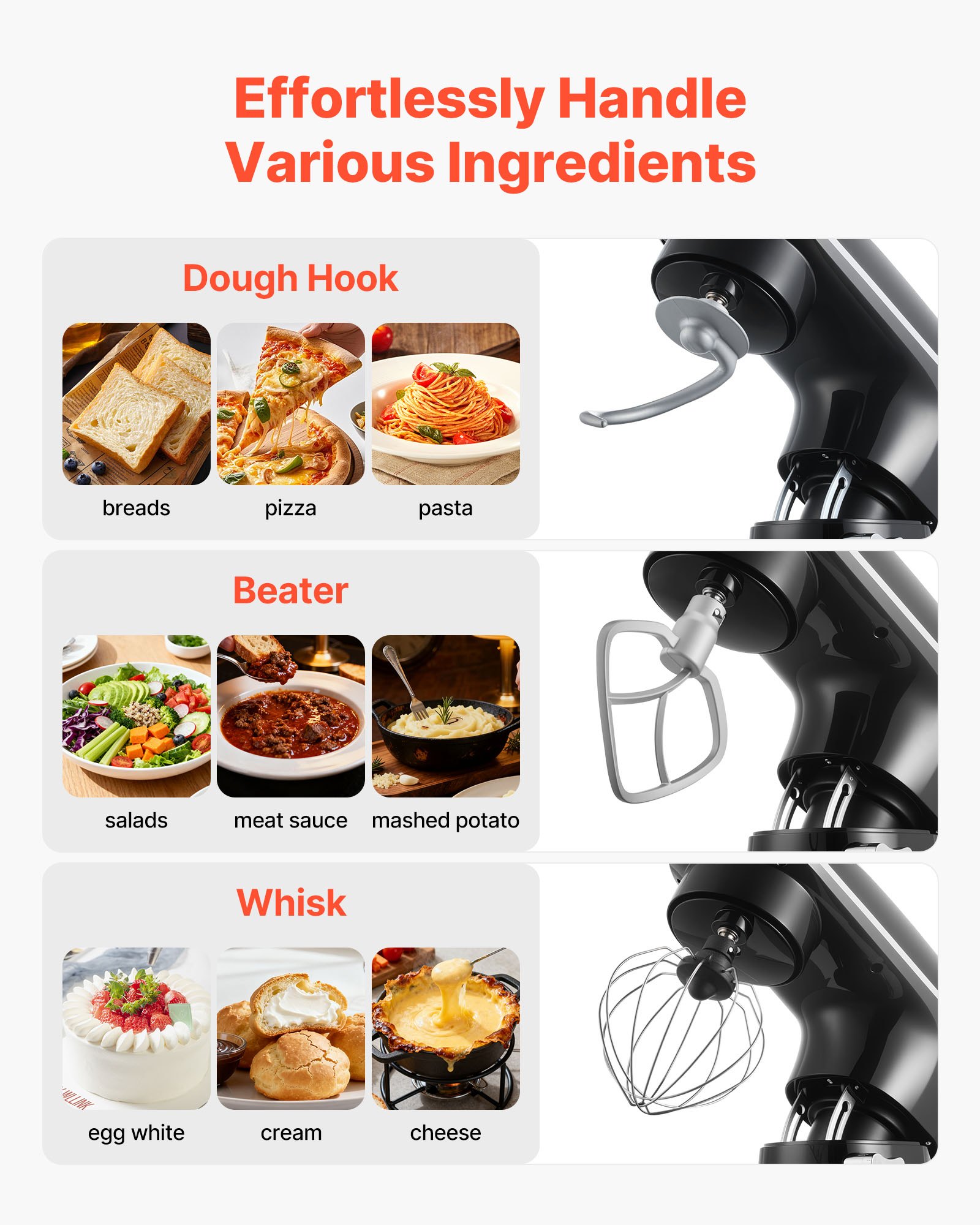 VEVOR Stand Mixer, 6 QT Dough Mixer, 1400W 6 + P Speeds Tilt-head Food Mixer with Stainless Steel Bowl, Dough Hook, Wire Whip, Flat Beater, Scraper,Household Stand Mixer for Baking, Mixing, Black