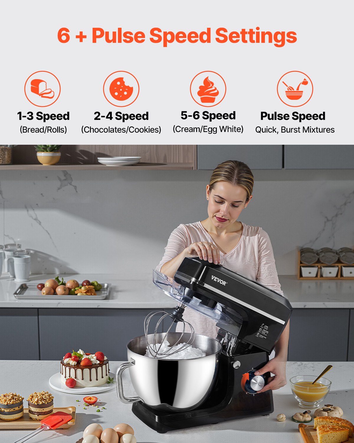 Stand Mixer 8.3 QT Electric Dough Mixer 660W 6 + P Speeds Kitchen Food Beater Stand Mixer 8.3 QT Electric Dough Mixer 660W 6 + P Speeds Kitchen Food Beater
