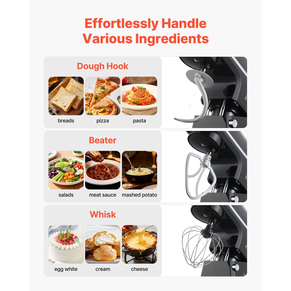 VEVOR Stand Mixer, 8.3QT Dough Mixer, 1400W 6+P Speeds Tilt-head Food Mixer with Stainless Steel Bowl, Dough Hook, Wire Whip, Flat Beater, Scraper, Household Stand Mixer for Baking & Mixing, Black