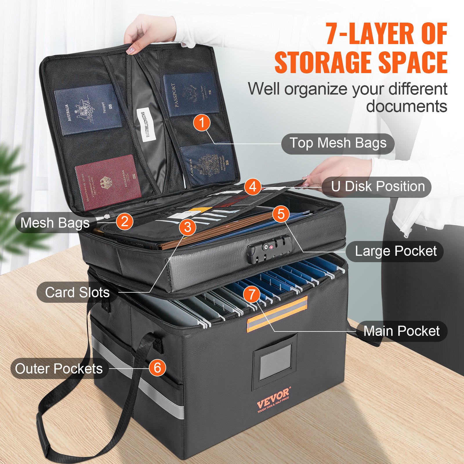 VEVOR Fireproof Document Box, Fireproof Document Bag with Lock 2000℉, Fireproof and Waterproof File Box 17.72x5.51x12.4 inch with Zipper & Handle, for Money, Documents, Jewelry and Passport