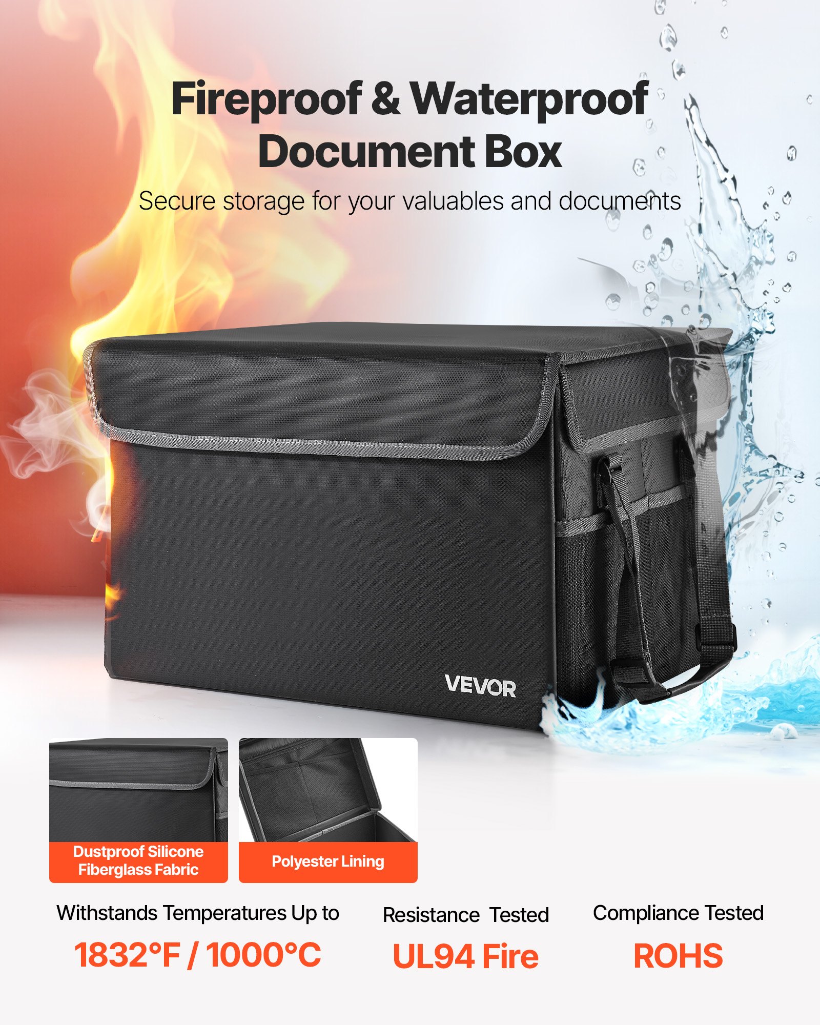 VEVOR Fireproof Document Box, 1000 ℃ Heat Insulated Fireproof & Waterproof Box, Space-Saving and Foldable Design, Portable Home Office Travel File Organizer, for Passports, Important Documents, Files
