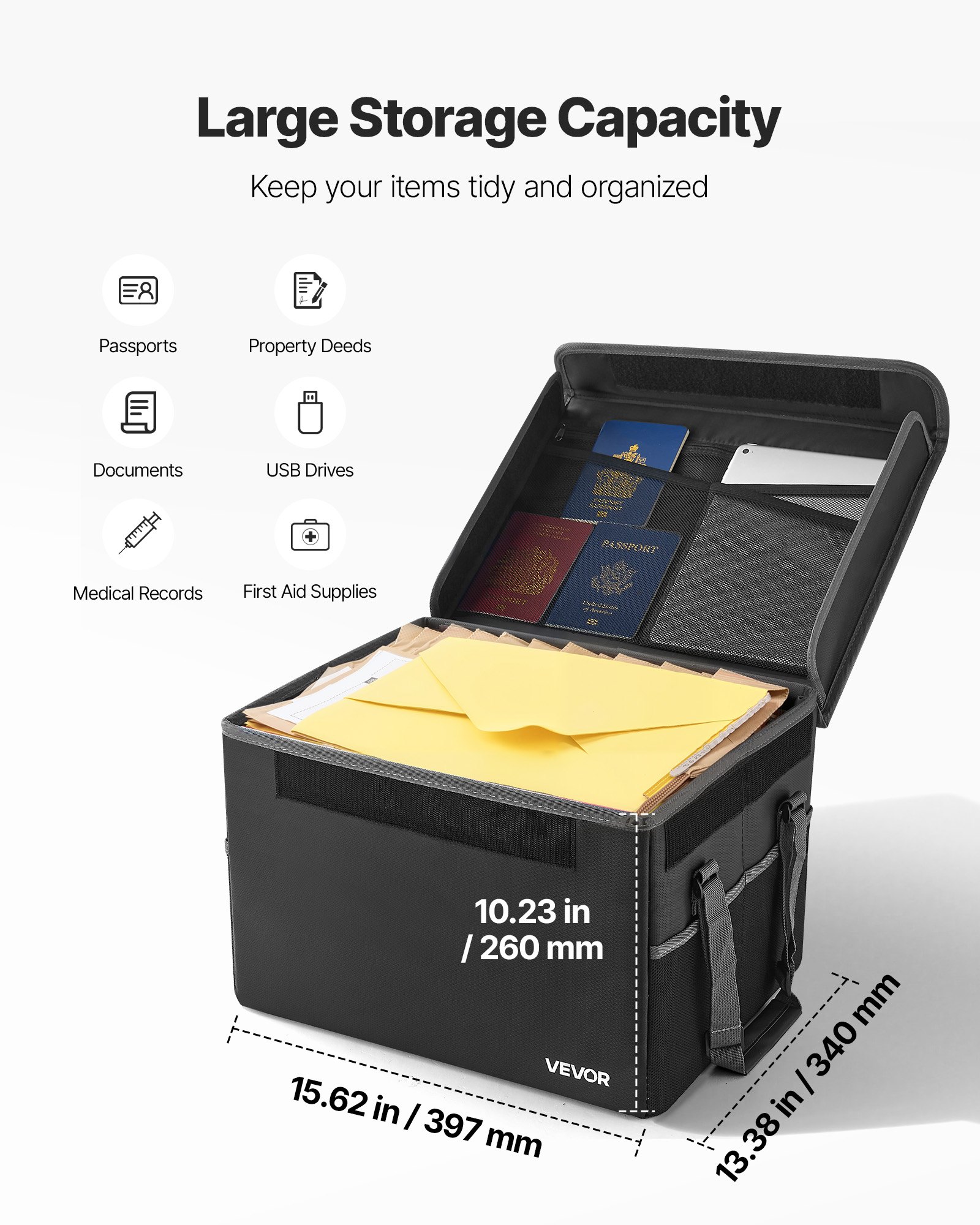 VEVOR Fireproof Document Box, 1832 ℉ Heat Insulated Fireproof & Waterproof Box, Space-Saving and Foldable Design, Portable Home Office Travel File Organizer, for Passports, Important Documents, Files