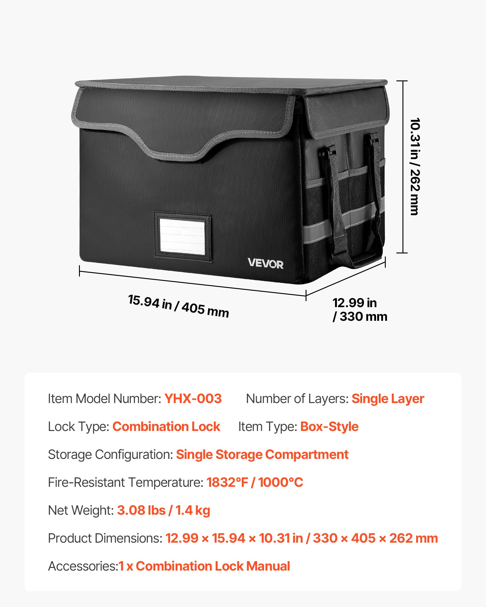 VEVOR Fireproof Document Box, 1832 ℉ Heat Insulated Fireproof & Waterproof Box with Lock, Portable File Storage Security Organizer Home Office Travel Use, for Passports, Important Documents & Files