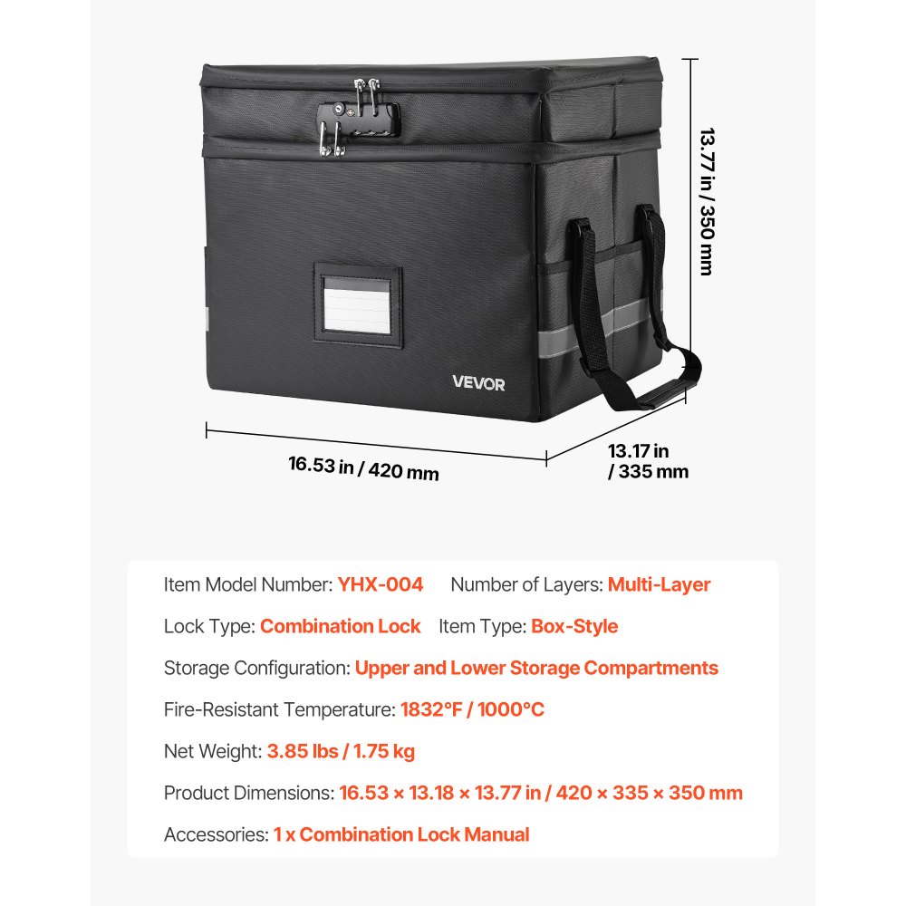 VEVOR Fireproof Document Box, 1832 ℉ Heat Insulated Fireproof & Waterproof Box with Lock, Portable Two-Layer File Storage Organizer Home Office Travel Use, for Passports, Important Documents, Files