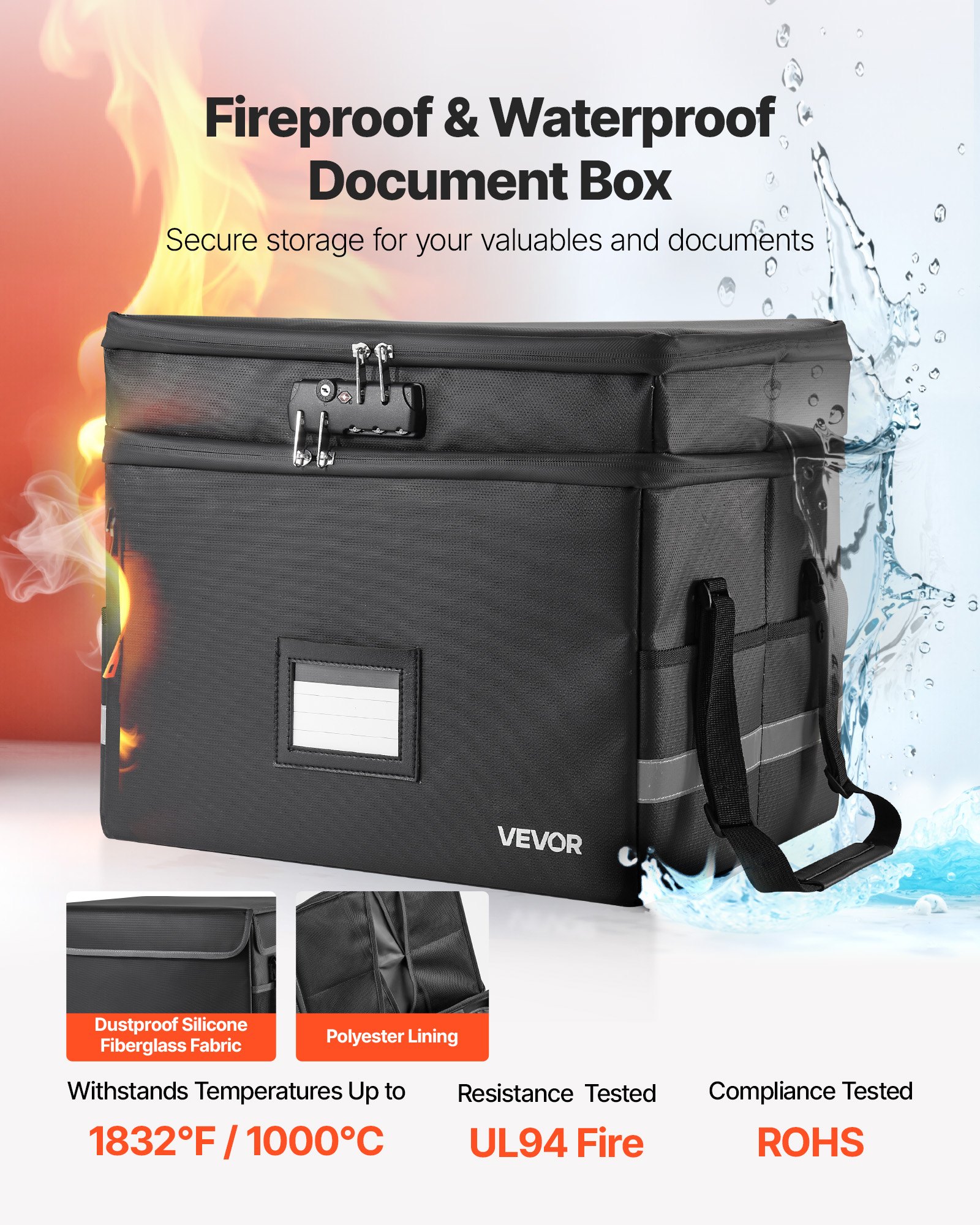 VEVOR Fireproof Document Box, 1832 ℉ Heat Insulated Fireproof & Waterproof Box with Lock, Portable Two-Layer File Storage Organizer Home Office Travel Use, for Passports, Important Documents, Files