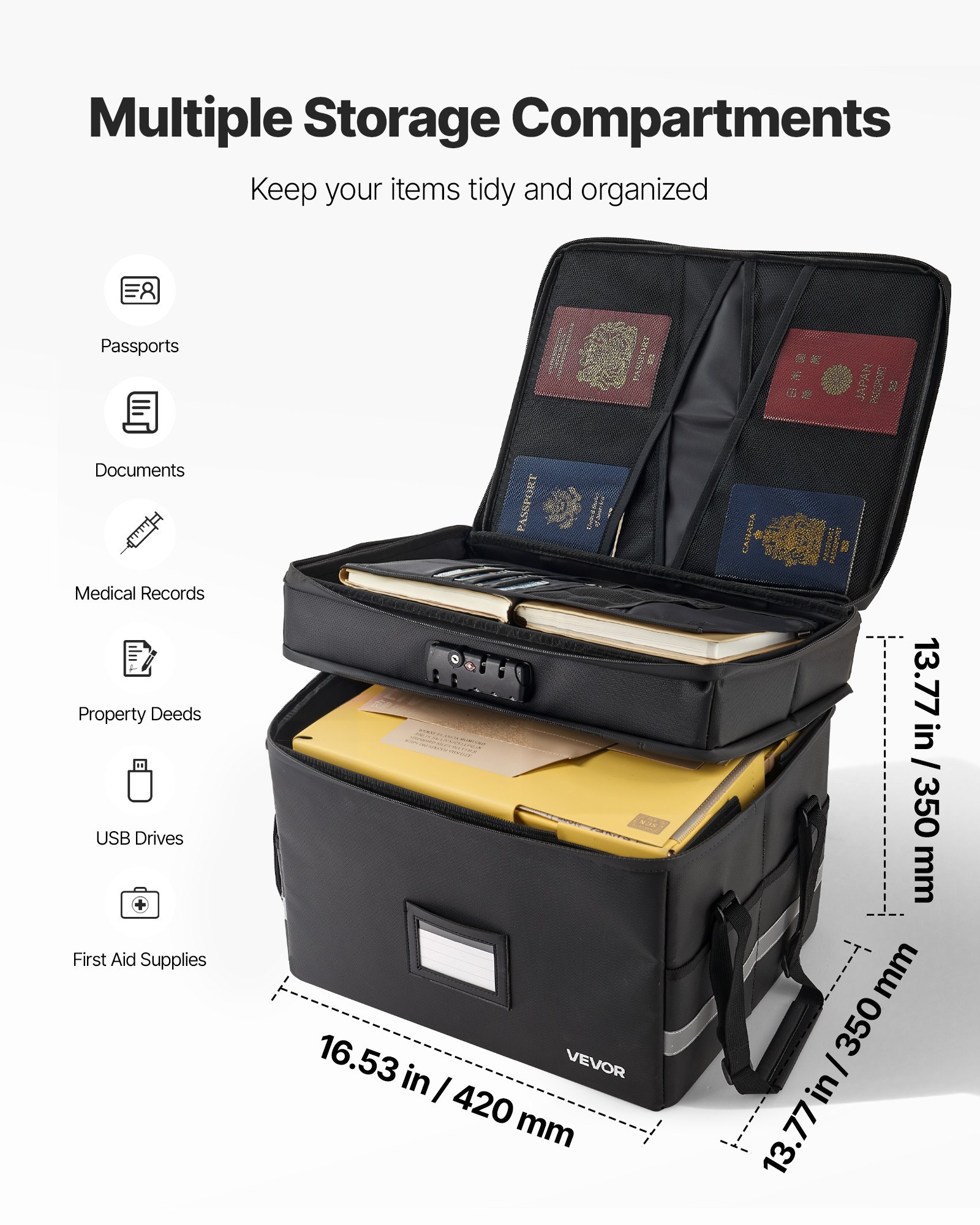 VEVOR Fireproof Document Box, 1832 ℉ Heat Insulated Fireproof & Waterproof Box with Lock, Portable Two-Layer File Storage Organizer Home Office Travel Use, for Passports, Important Documents, Files
