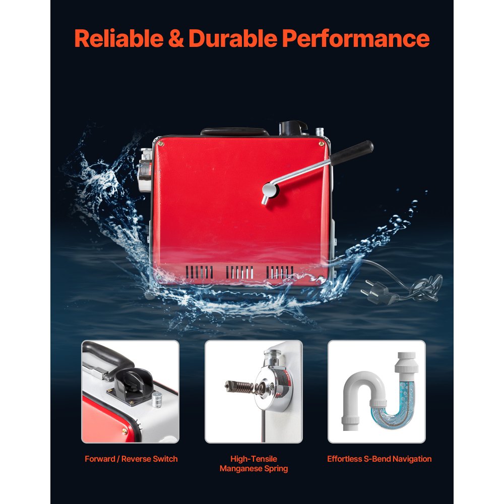 VEVOR Drain Cleaner Machine, 390W 1400RPM Electric Pipe Drain Cleaning Machine Sewer Snake with 12m x 16mm, 4.5m x 16mm & 8m x 9.5mm Steel Spring Cable and 6 Cutters, Fit 50-110 mm Diameter Pipes