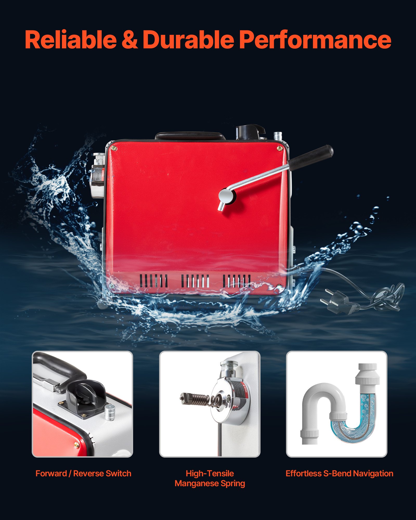 VEVOR Drain Cleaner Machine, 390W 1400RPM Electric Pipe Drain Cleaning Machine Sewer Snake with 12m x 16mm, 4.5m x 16mm & 8m x 9.5mm Steel Spring Cable and 6 Cutters, Fit 50-110 mm Diameter Pipes