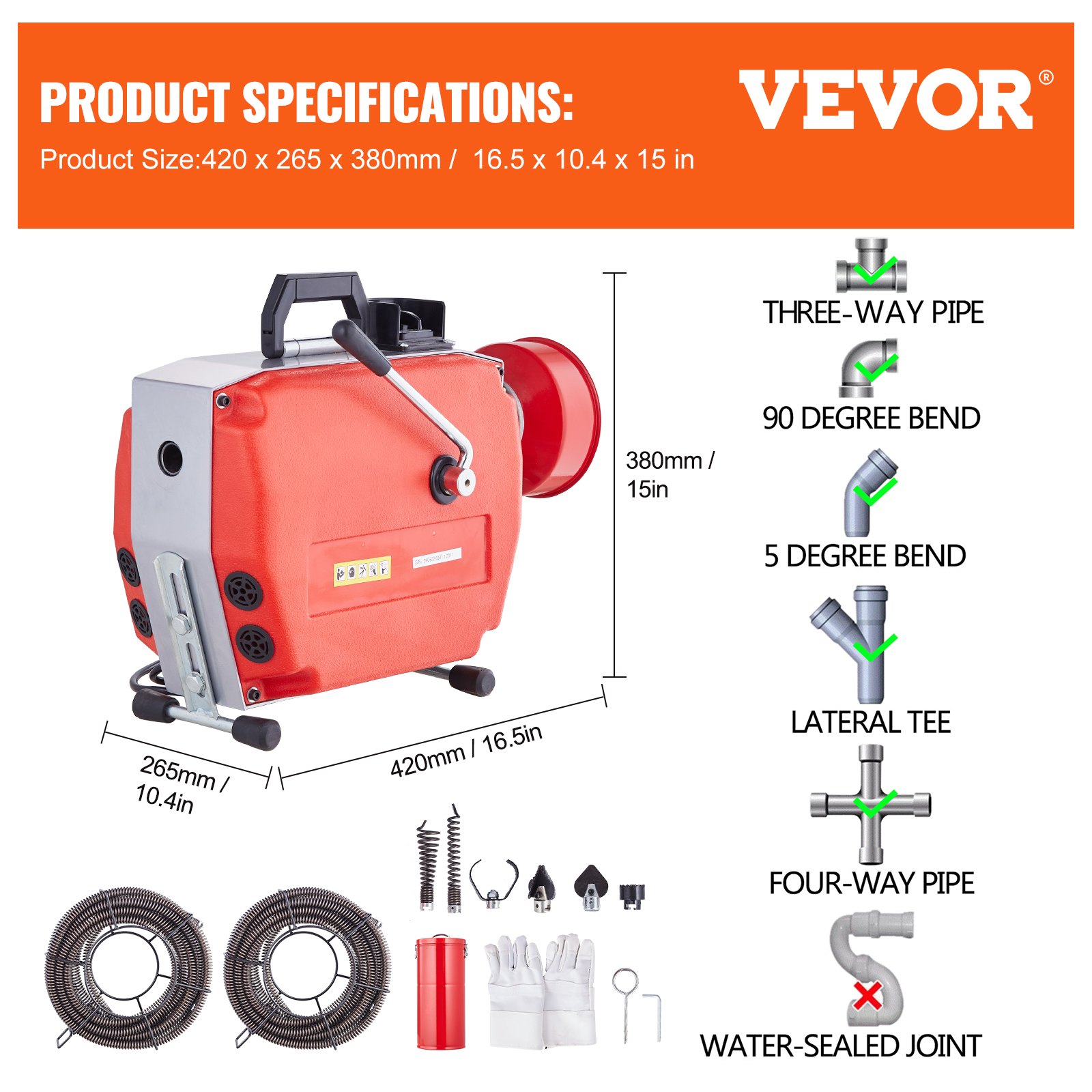 VEVOR 120FT x 7/8 Inch Drain Cleaner Machine, 420W Electric Sewer Snake Auger Manual Feed - with 6 Cutters, 2 Steel Cables (120' x 7/8" and 18' x 3/8") & CW/CCW Control for 1.9" to 6" Pipes